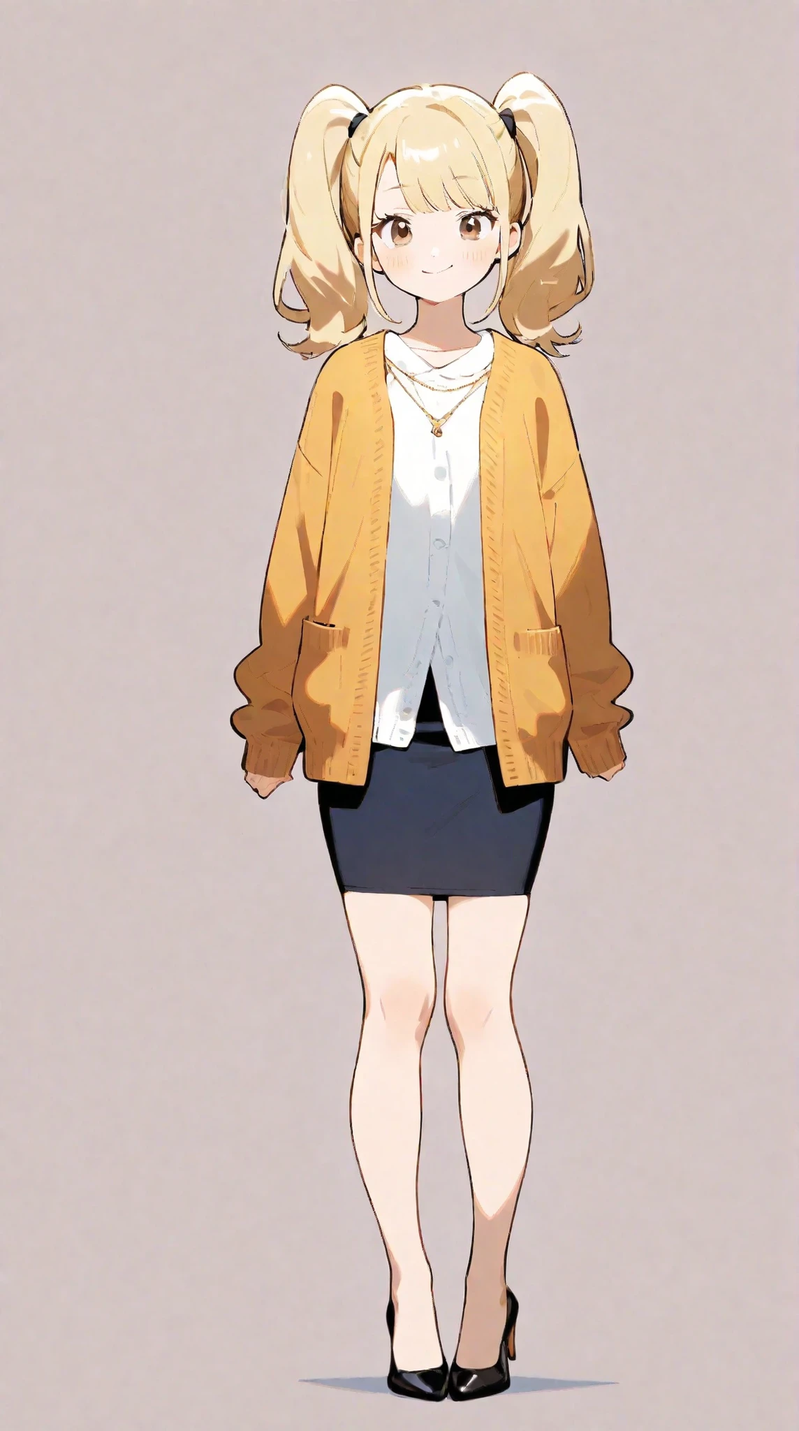 One girl, full body + standing, front view, simple background, blonde hair, twin tails, smiling, tight skirt above knee, cardigan, heels, slightly ish face