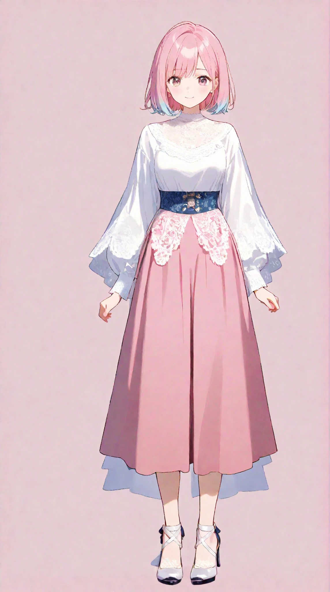 One girl, full body + standing, front view, simple background, pink hair, short bob, light blue tips, smiling face, pink culottes with lots of lace, heels
