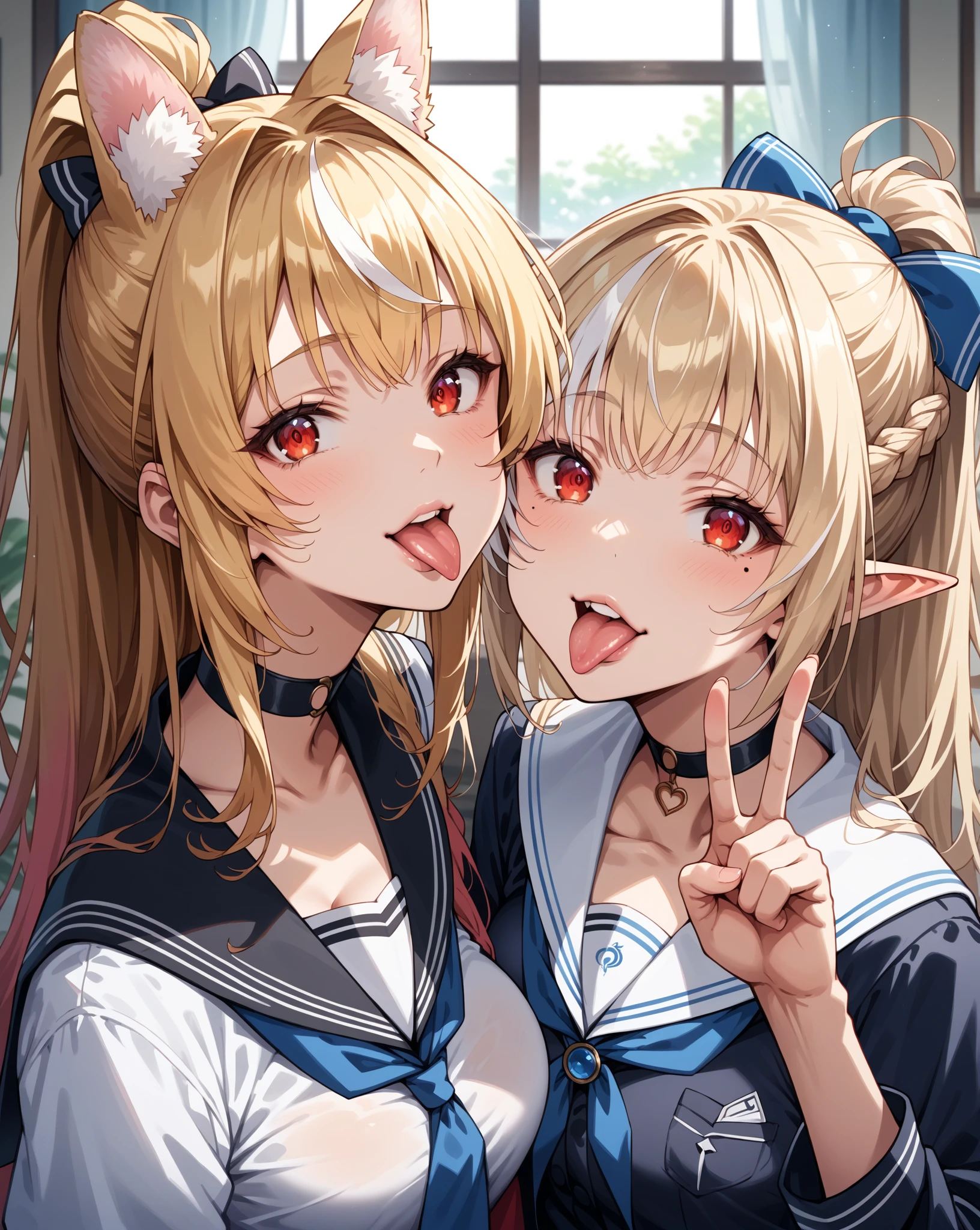 toga himiko, boku no hero academia, 1girl, bangs, black sailor collar, black thighhighs, blonde hair, blue sailor collar, blunt bangs, blush,, brown cardigan, cowboy shot, double bun, grin, hair , yellow eyes , long sleeves, messy hair, narrowed eyes, smile, big breasts. 8K, ultra detailed, beautiful and aesthetic, High quality, beautiful, masterpiece, best quality, standing, leaning forward, shiny skin, tongue out of mouth, blush, sexy body, defined body, perfect eyes, tongue out, blush, crossed eyes, (((close up face)))
