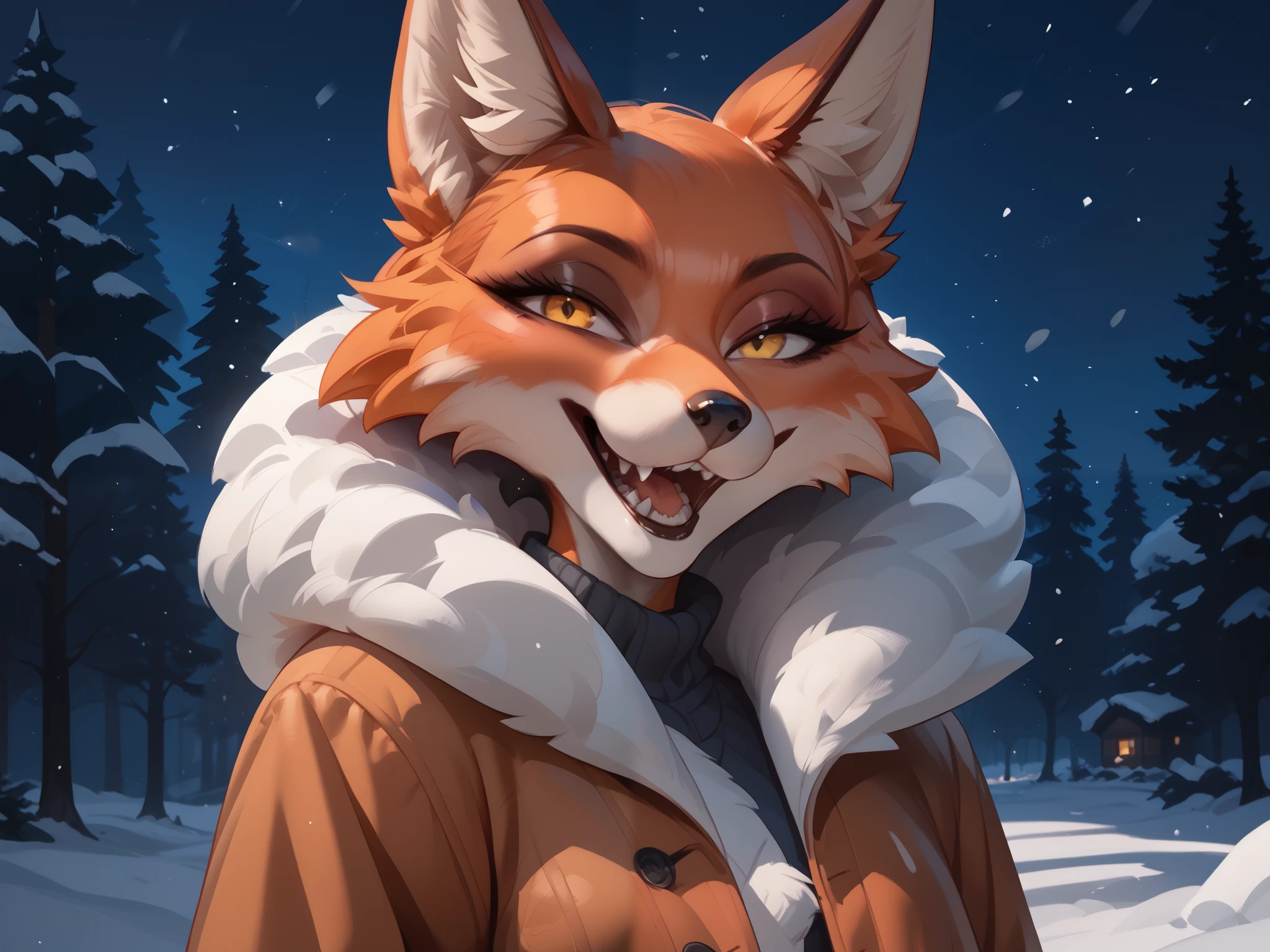 Night, winter, forest plain, Anthropomorphic fox girl, orange fur, Yellow eyes, red fur coat, evil, open mouth, teeth, bites , looks at the viewer