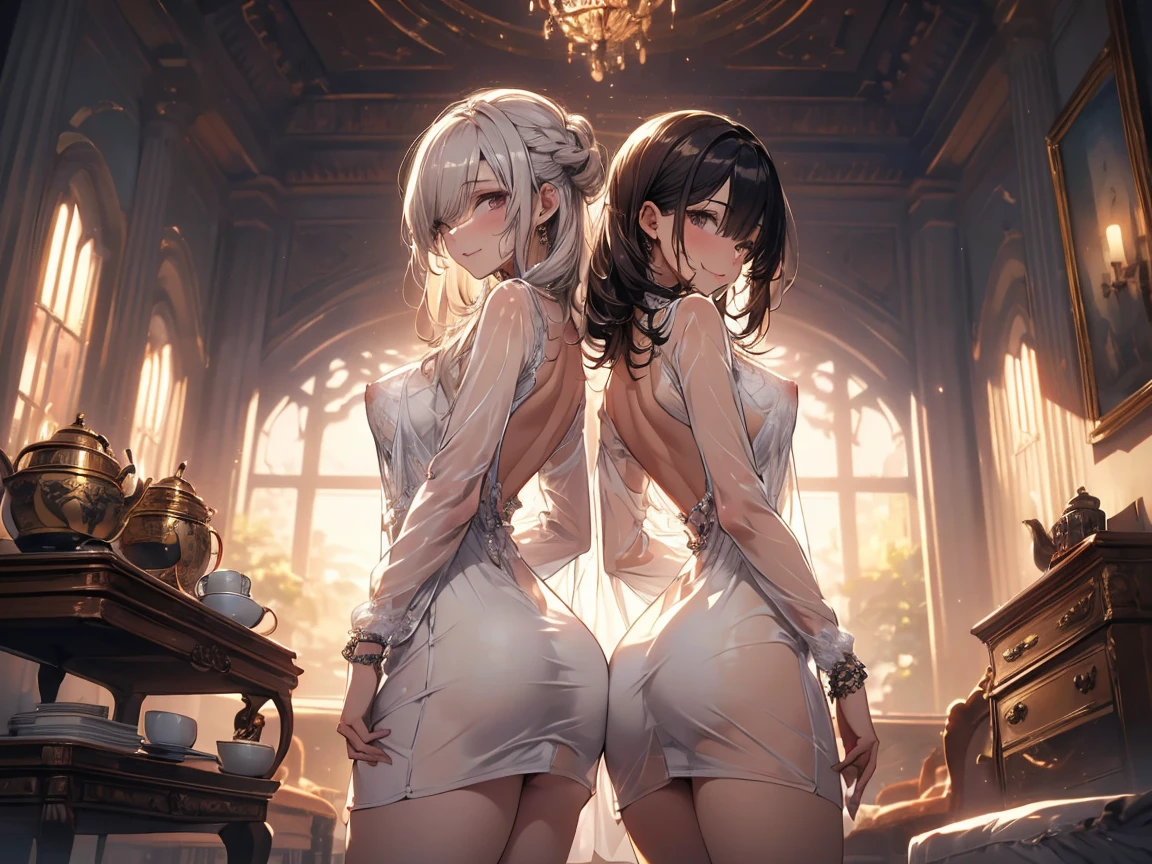 {{2girls}}, diagonal back to back,masterpiece,best quality,very aesthetic,absurdres,cowboy shot,light color,dark color,light hair,dark hair,White hair,light  blue hair,light  blue eyes,Lovely,translucent hair,dark purple eyes,headless,(black hair,one eyes),asymmetry,Wide open back,Wide open back,Bare shoulders, huge ass,see-through,butt_crack,bend,cutout,ass out, assisted_exposure,bent down,Bareback