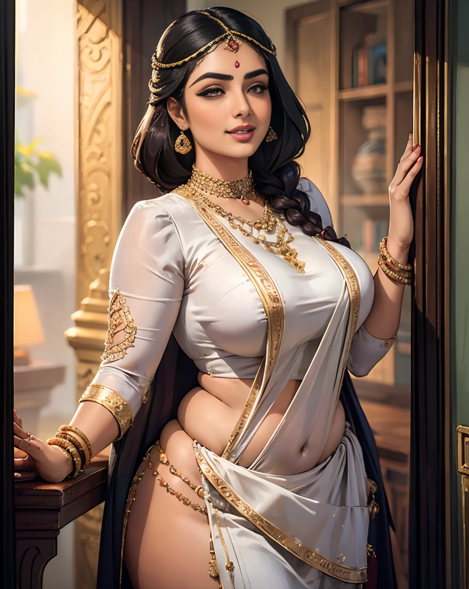 Masterpiece, best quality, Beautiful young indian woman, village, wearing saree, classic photoshoot pose, river and mountain landsape, moonlit night, age, detailed face, detailed body, symmetric face, cute, iconic, photorealistic, big breasts, big belly, belly piercing, soft body, perfect anatomy, wavy hair, masterpiece, 8k, ultra realistic, detailed background, palace, god rays, ambient occlusion, tattooed hands