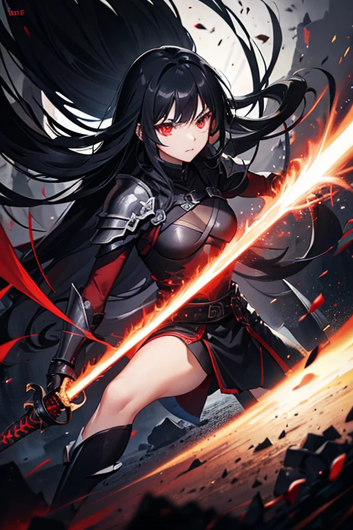 Long black hair, black skin, red eyes, abnormal angles, cleavage, armor, skirt, iron boots, battle ax, fiery battlefield