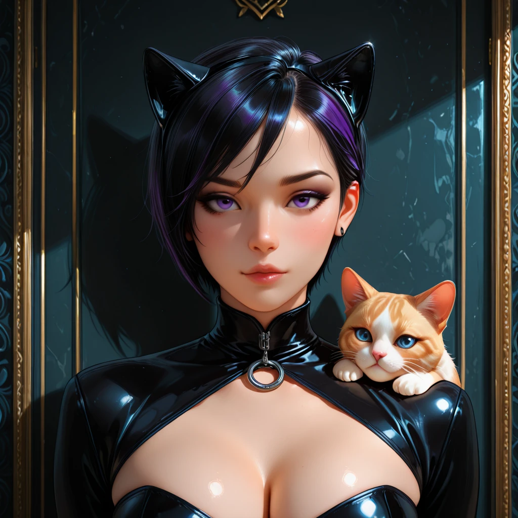 (score_9, score_8_up, score_8:1.2), (1girl, solo, masterpiece, 8k, HDR,), beautiful young woman, cat ears, (pale white skin:1.2), freckles, blushing, (black short hair:1.2), black eyes, red lipstick, dark eyeliner, black necklace, large ring shaped black earing, smug smile, looking at viewer, small breasts, tight waist, slim feminine body, big hips, round ass, cute, eyelashes, character concept art of a beautiful woman leaning over, black body-hugging dress, cleavage, extremely sexy, seductive, comic book art, rough colored sketch, looking at the viewer, simple background, black background
