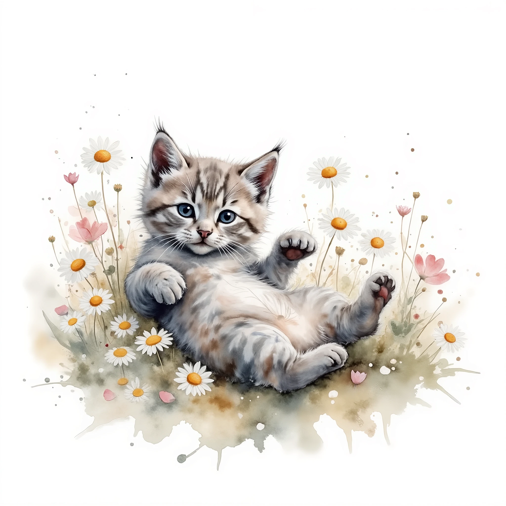 watercolor brush drawing shows a cute, cute gray Maine Coone kitten is lying on its back, Front paws bent, relaxed, Peaceful , I want to play, Very nicees Fell, Field full of daisy flowers,The perfect combination of nature and romance。The screen is dominated by a white background,Highlight isolated watercolor flower。Splash technology recreates wet conditions,The atmosphere appears vague and dreamy, Overall shade consists mainly of light shades, Reveal high-resolution details。The ink splash effect adds a touch of agility to the image,The pale color gives the blossoms a deep and understated beauty., Lots of details , Very nice, high quality and accurate, spring, Naturalness, very accurate , beautiful paws