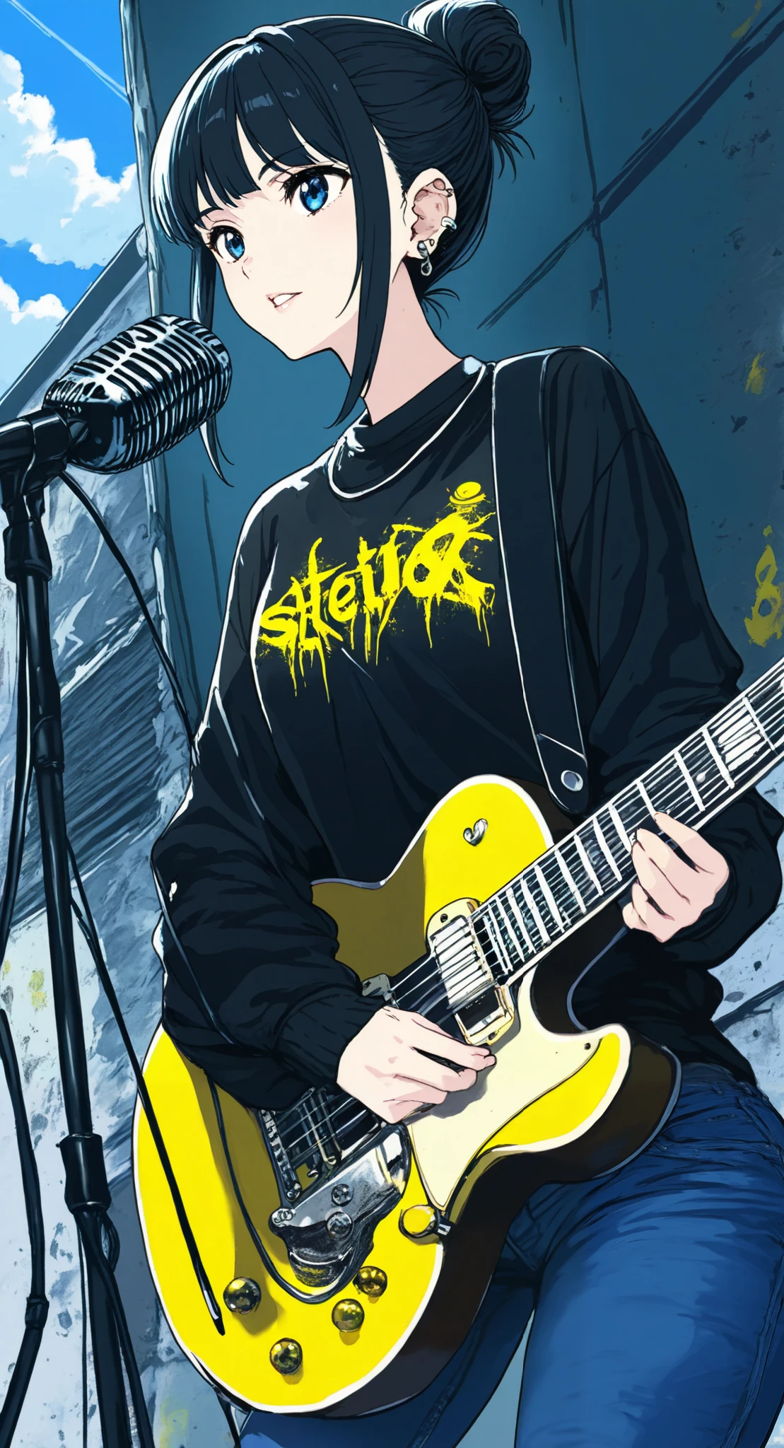 masterpiece, best quality, very aesthetic, absurdres, sharp details, 1girl, instrument, guitar, solo, blue eyes, music, sky, black hair, pants, shirt, holding instrument, microphone, electric guitar, holding, black shirt, hair bun, outdoors, parted lips, piercing, bangs, single hair bun, microphone stand, jeans, playing instrument, denim, ear piercing, jewelry, earrings, long sleeves, cloud, 4k, highest quality, skeleton punk