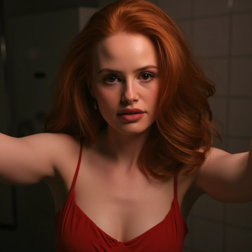Evan Rachel Wood in a neighborhood with lipstick completely naked and smiling