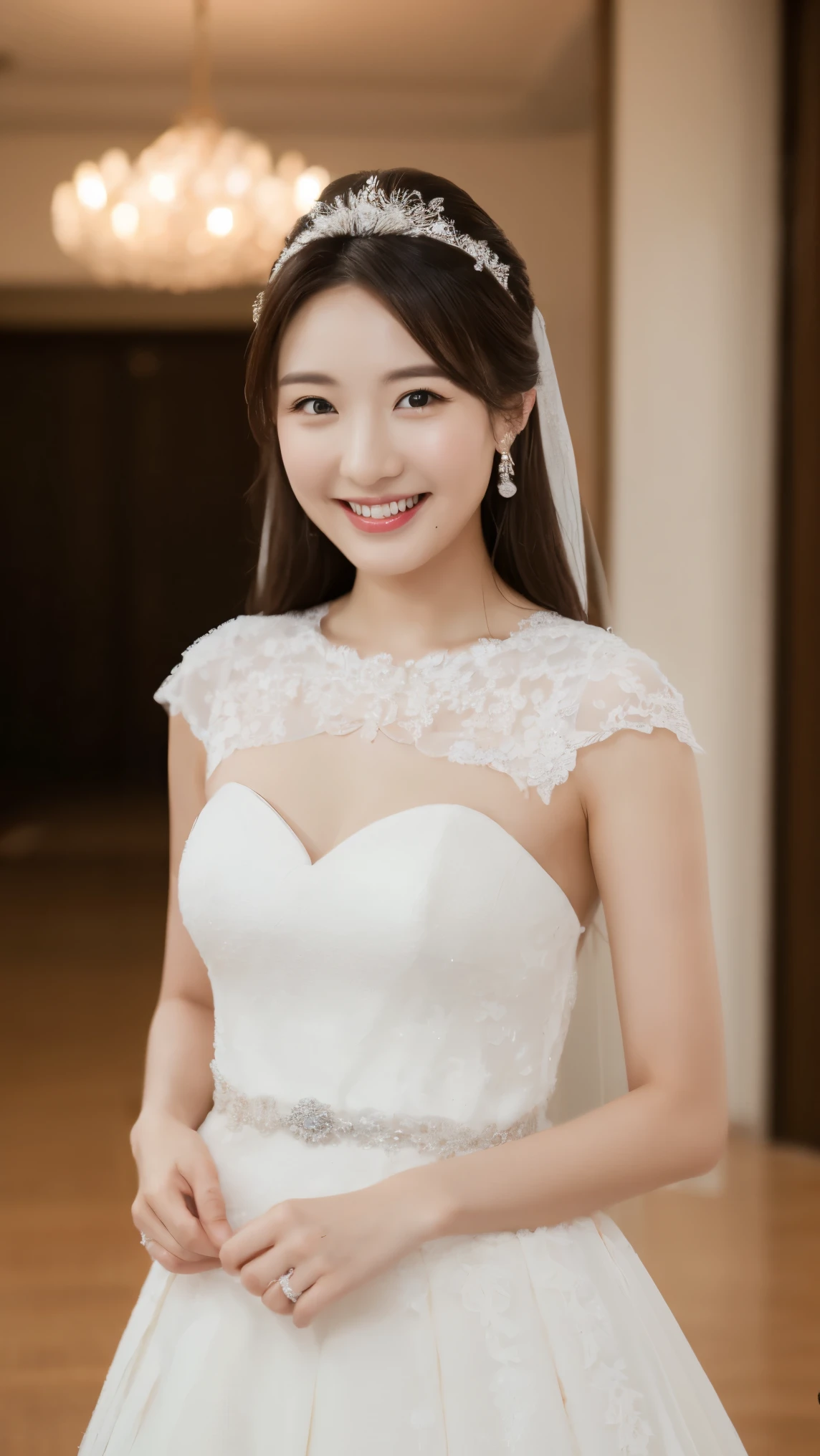 4K、Premium、desktop、 Japanese woman,30 years old、 Brown hair 、Beautiful Japanese girl with hair accessories 、((wedding dress))、Wedding hall、smiling at the camera