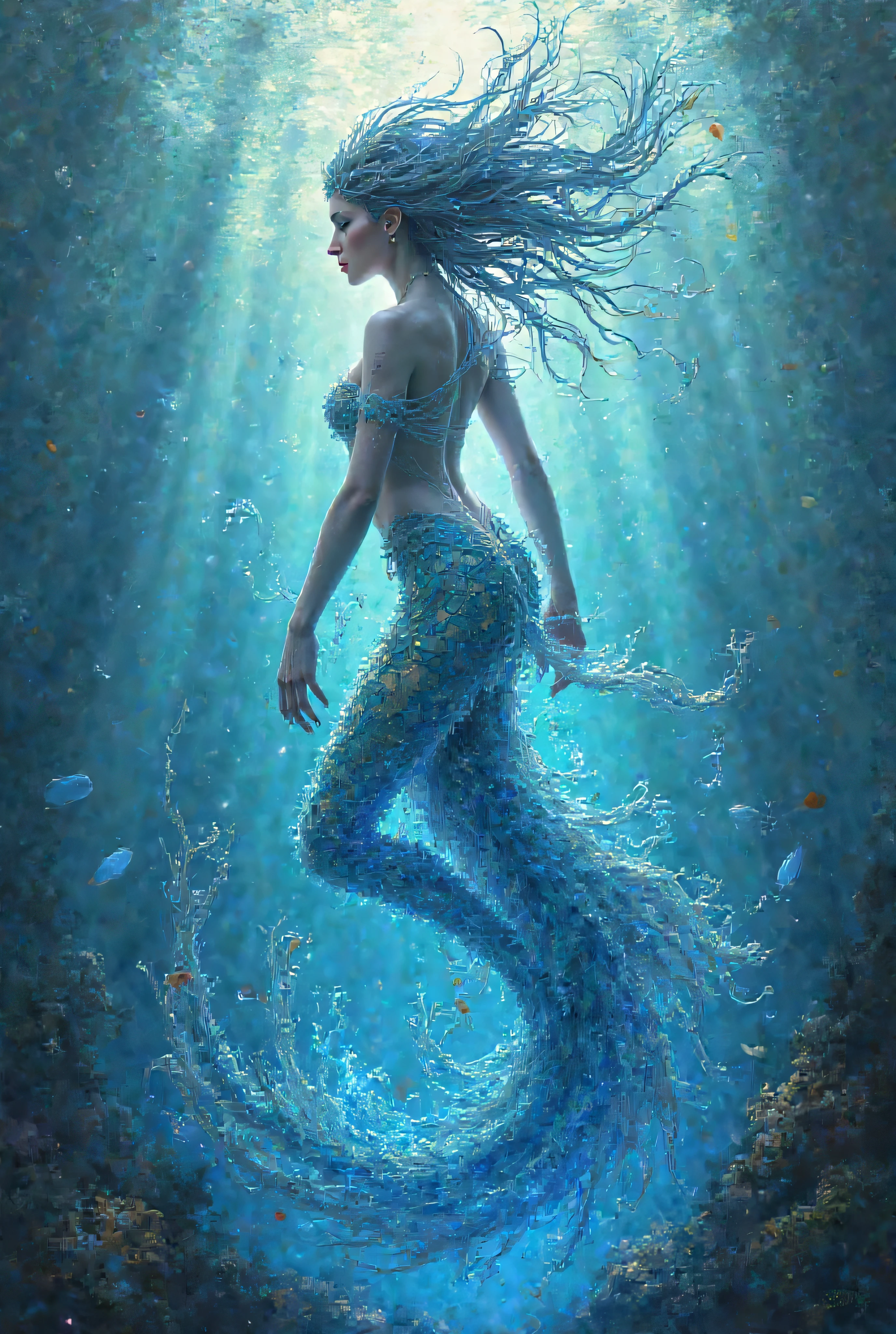 a tattoo design inspired by an underwater scene featuring a nude woman in a graceful, floating pose. The woman has flowing hair and appears to be moving effortlessly through water, surrounded by gentle waves and light reflections. The background should have a soft gradient of blue and green hues, mimicking the underwater environment. The design should include detailed shading to capture the light play on the skin and water, giving it a realistic yet ethereal look. Incorporate subtle line work to depict the movement of water and add depth to the overall composition