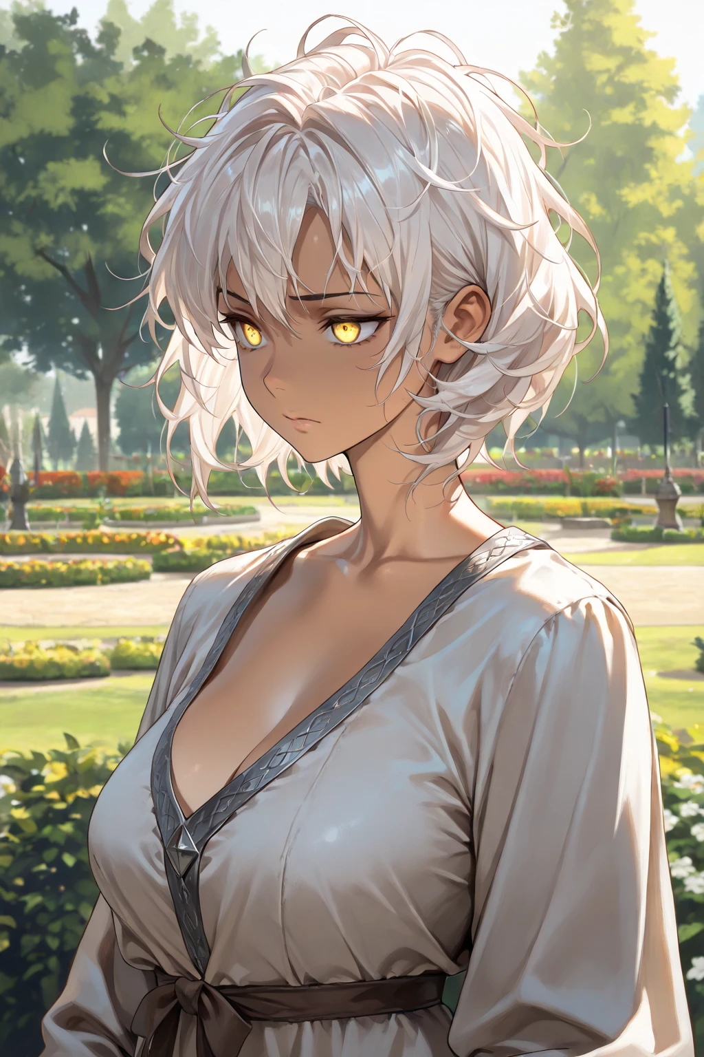 (Highest quality, High resolution, Very detailed), Silver Hair, Super short hair, Reddish brown eyes, sweater dress, lace thong, Large Breasts, 24th generation, Beautiful woman, mature, quiet, Calm, A small smile, Garden, fountain,