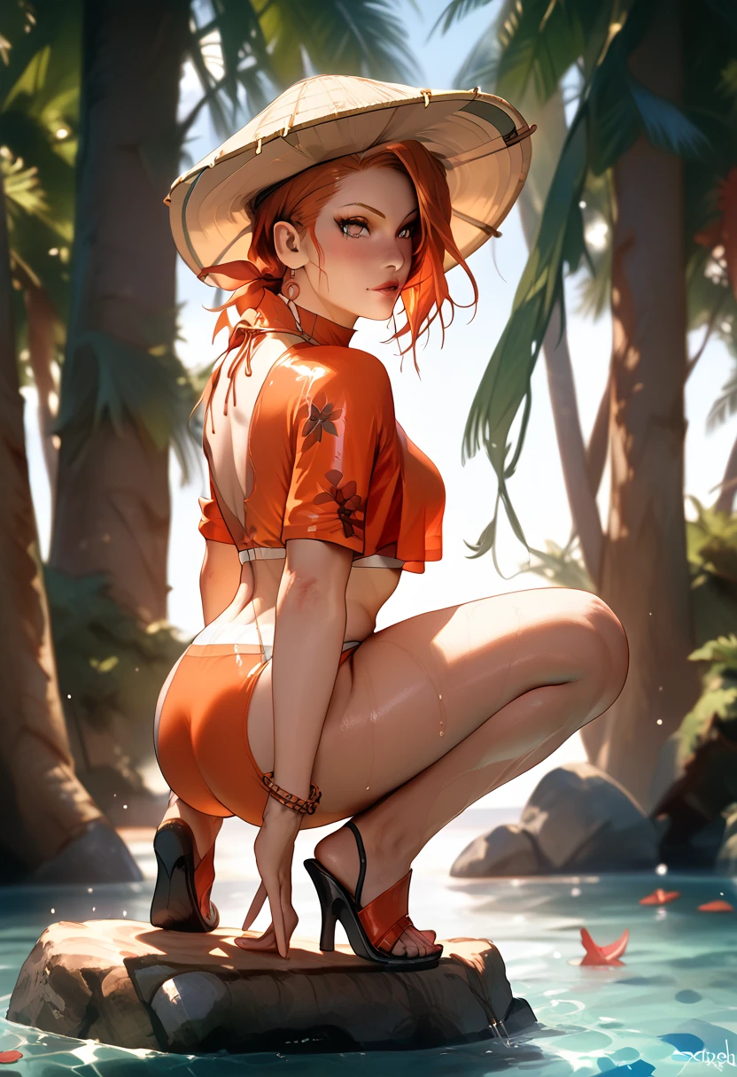(high resolution, full body, soft skin:1.2, orange short hair),(best illustration,masterpiece:1.2),ultra-detailed,[(cat ears , orange inside:1.2, orange eyes),vivid colors,sharp focus,portrait,studio lighting,bokeh, wearing a 2 piece zebra bikini, midnight beach background, spotlight in background, walking on the beach 