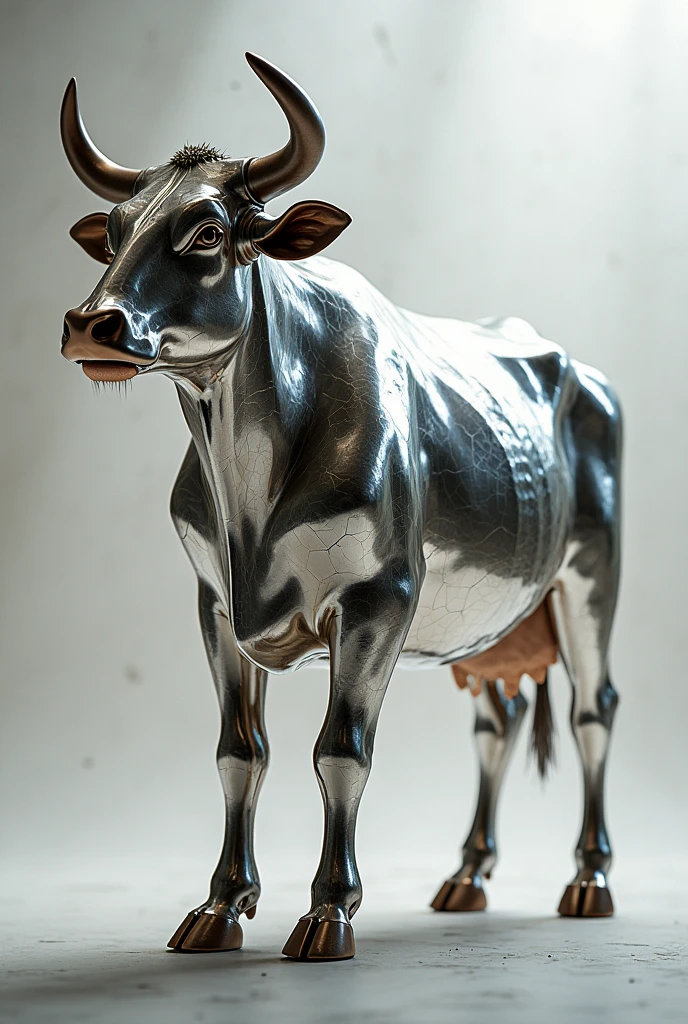 create me an image of a sculpture of a cow made from leather shoes in gray background with no human model and in 4k quality picture