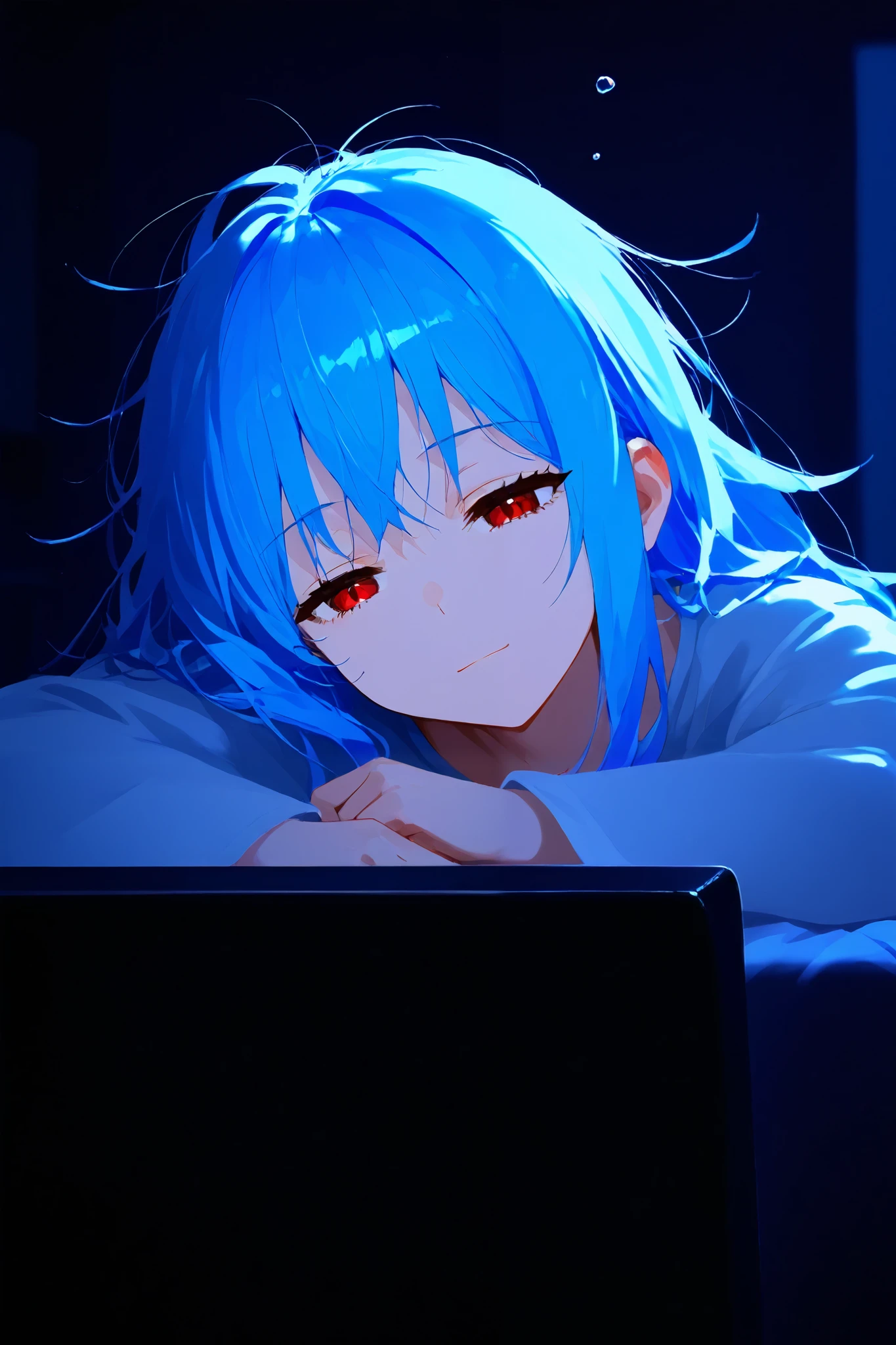masterpiece, best quality, highest resolution,1 girl, solo, skyblue hair, medium long hair, red eyes,expressionless, sleepy, messed hair, smile, dark room, {{watching TV}}, peaceful
