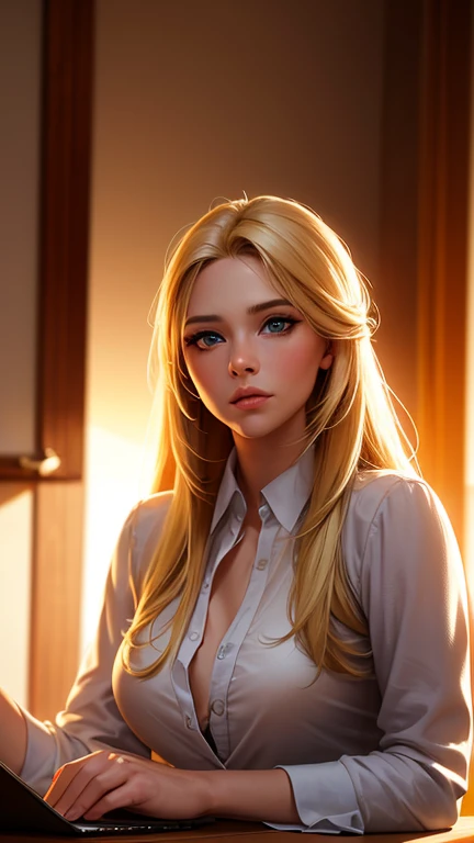 ((((masterpiece, best quality, high resolution)))), Extremely detailed 8K, Beautiful girl with slender body, (Ultra HD, Ultra-detailed, Highly detailed, Highly realistic, Ultra-realistic, photograph realistic), (1girl:1.5), (Realistic blonde hair with dark roots), long hair, middle part, (dynamic poses), facing at camera, light smile, (beautiful detailed face, beautiful detailed eyes), sexy school uniform), see through top, cleavage,, glow, sweat, (sunbeam, sunlight), detailed makeup, small breasts