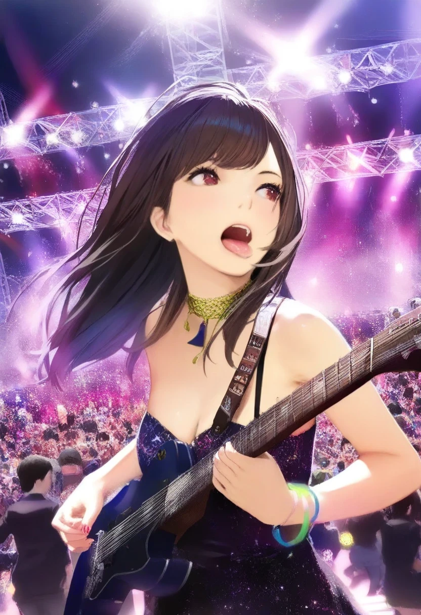 Anime girl band, 4k, masterpiece, highly detailed, photorealistic, ultra detailed, sharp focus, vibrant colors, colorful lighting, dynamic composition, intricate details, female singer with expressive face, standing on stage, holding an electric guitar, female bandmates playing instruments, rock concert scene, crowd in the background, neon stage lighting, smoke effects, dramatic camera angle