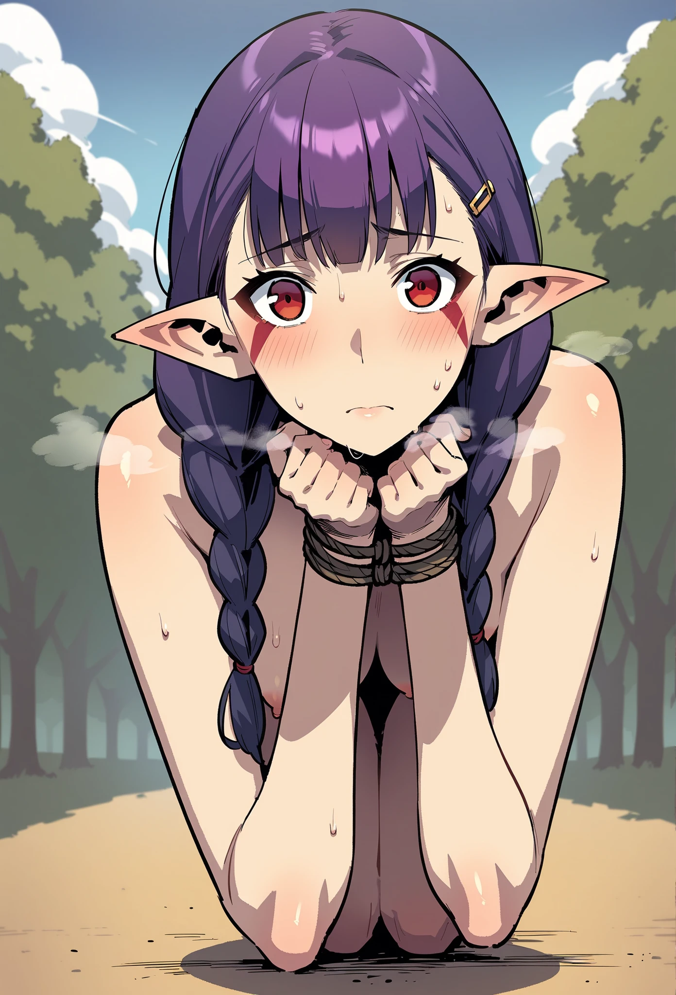 nsfw, masterpiece, 1 girl, erect nipples, intricately detailed, topless, navel, black skirt, bare shoulders, necklace, night, wizard hat, erect nipples, puffy nipples, extremely detailed, bare breasts, nipples, bare stomach, sweaty, moist breath, small breasts smiling, collarbone, wet body, saliva, drooling, pink hair, ray of lights, encore, green eyes, holding wizard staff, embarrassed, forest, trees, grass field, long skirt, waist pouch, sarong, long staff, crying