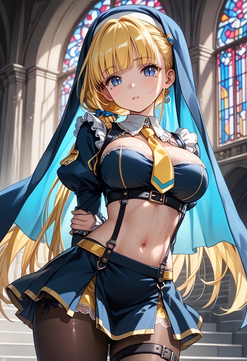solo,human, navel, (masterpiece, best quality), (1girl, mature female, milf, motherly, serval landau, midlle-sized breasts, narrow waist, blonde hair, blue hair, multicolored hair, blue eyes, bangs, hair between eyes, streaked hair:1.4), (maid costume,maid hair band,black pantyhose, blue dress, earrings, choker, thighhighs, navel, skirt, detached sleeves),perfect face,perfect body,clear and detailed face, multicolored hair, blue eyeball, long blonde hair, origin costume, choker