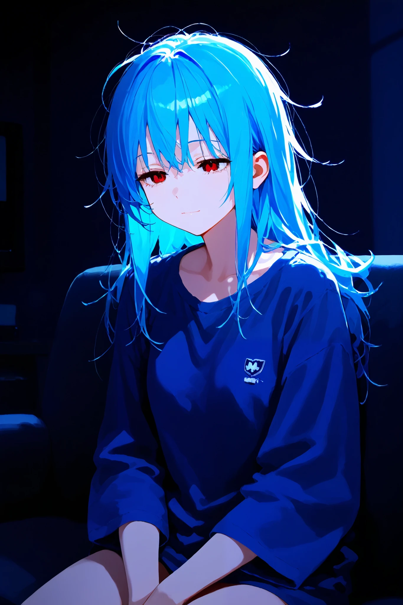 masterpiece, best quality, highest resolution,1 girl, solo, skyblue hair, medium long hair, red eyes,expressionless, sleepy, messed hair, smile, dark room, {{watching TV}}, peaceful, form far, navy shirt, sitting on sofa,