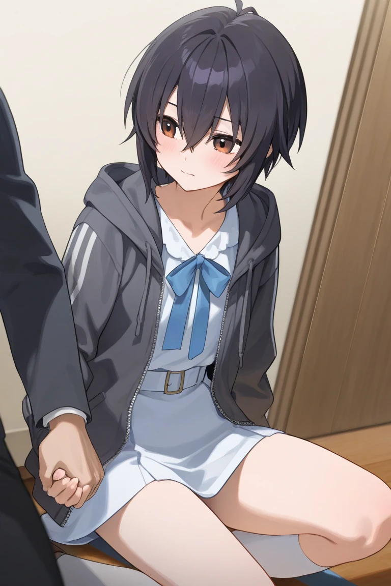 In rhe church,clothed,,Nsfw,(((1girl,1boy,sex from behind,vaginal ))),Hinata sakagichi, (4k), Depth of the bounds written, masterpiece,highly detailed face,highly detailed eye,glowing eyes , shiny skin,fine skin,white skin,dense skin,detailed hair,highly detailed legs, professional photography, Bokeh, High resolution, sharp details, highest quality, woman, white coat, breastplate, black pants, purple skirt, short hair, black hair, purple eyes, high collar, black gloves, sitting,pedal, slender limbs, delicate curves, dainty hands, tiny feet,detailed eyes,growing eyes,