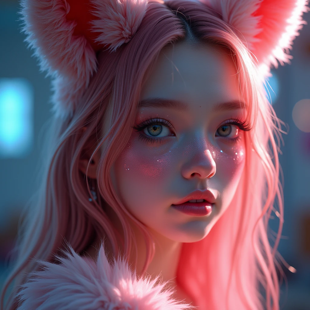 A girl who has pink layered hair with fox ears and her clothes are none shes naked and her face moaning with white skin