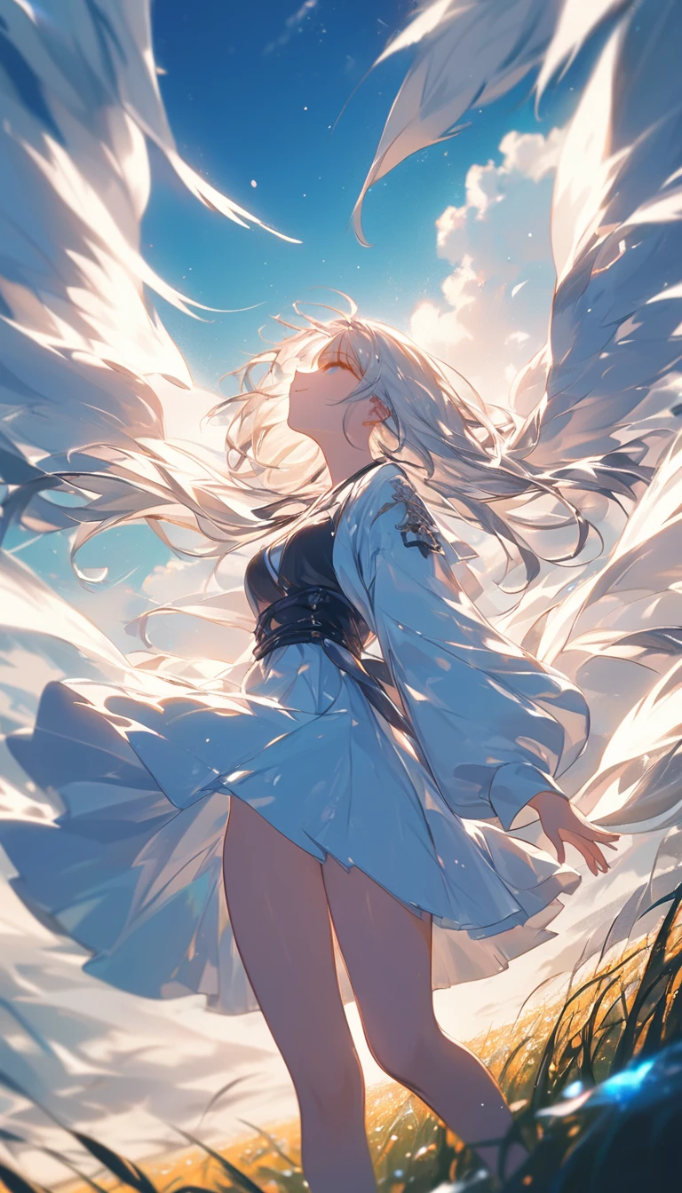 Beautiful girl for high school students，Long white hair fluttering in the wind