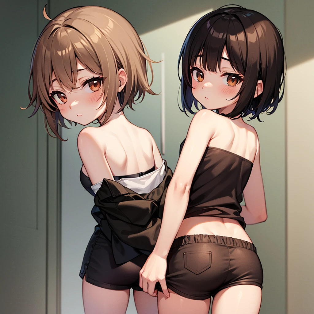 、(masterpiece、Highest quality)、Highest quality, Ultra-high resolution, (((masterpiece))), alone, Sweat、Big eyes, Composition from the front、Shortcuts、Embarrassed face、Bronze colored hair、Cut the back hair short、Bathroom、Shower scene、 Expose、Completely naked、pubic hair、belly button、Large areola、Nipples、short hair