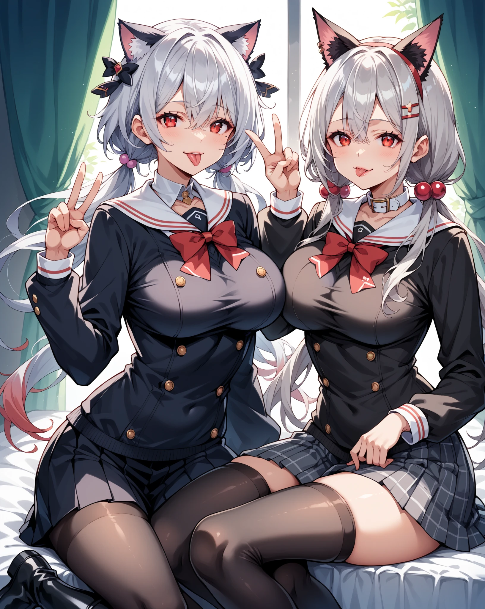 (cute eyes:1.2), (sparkling eyes:1.2), (8K、Best image quality、highest quality、masterpiece)、Detailed face、(2 girls)、Improve、 (white hair, small eyes, pink eyes, short hair, straight hair, nekomimi)、(open mouth), (embarrassed), (skinny body:1.3),(midium breasts), (shoulder off sailor uniform:1.2), (cleavage), (crop top navel), Sit on a chair, Classroom Background, (black stockings:1.1), (Thighs:1.1), (Waistline:1.1),(close-up shot of bust), (from above:1.2)