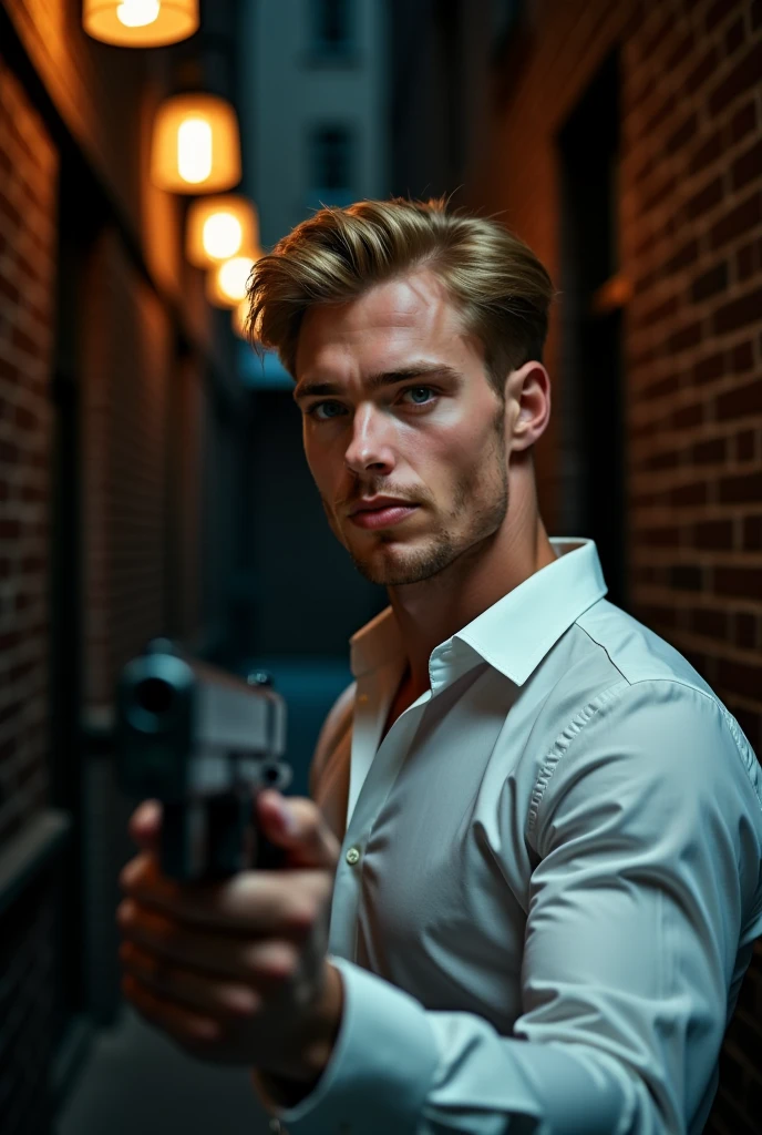 Create a picture of a strong young, blond man, looking out of a window with binoculars. The man has no beard. it is dark. 