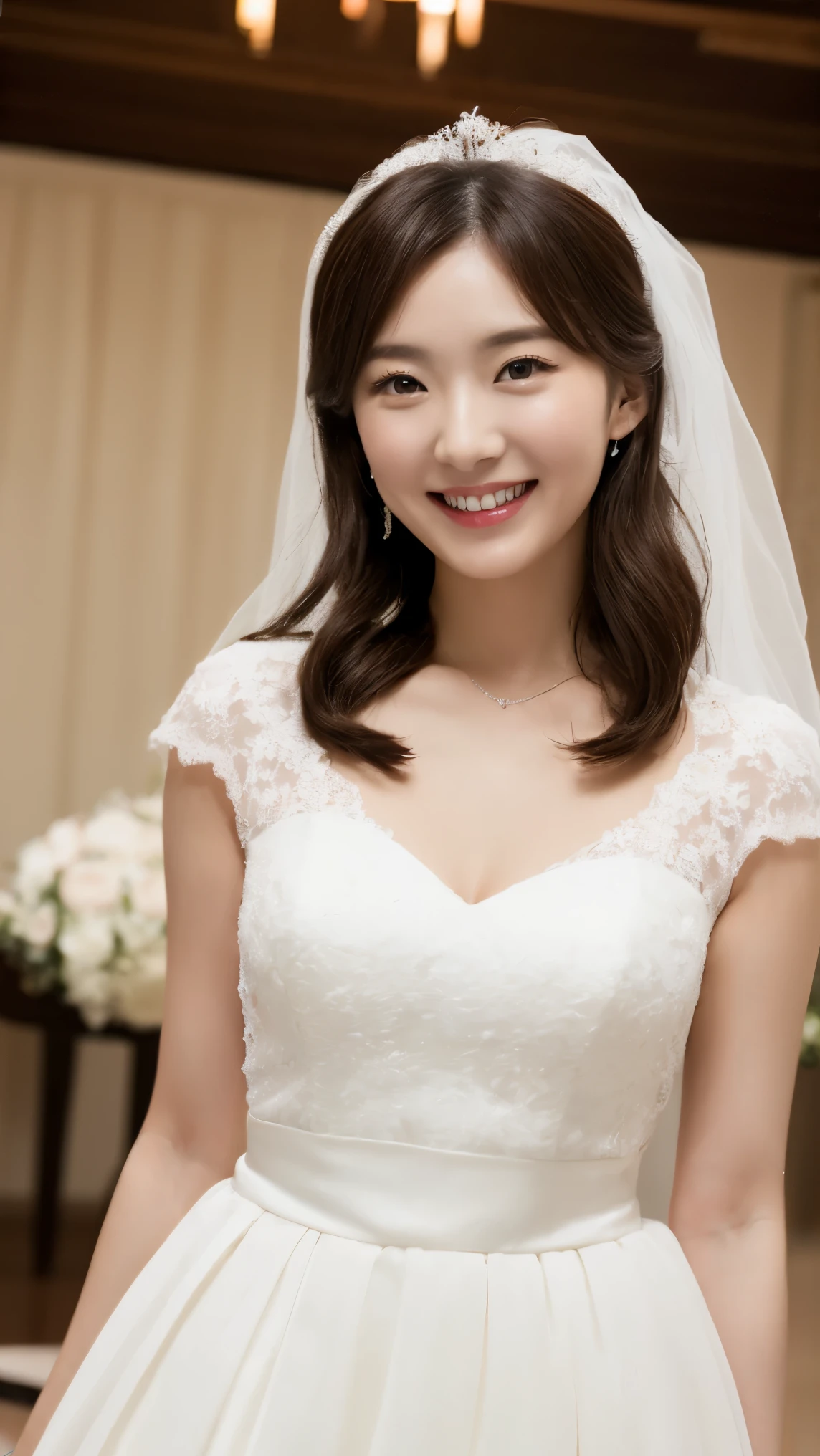 4K、Premium、desktop、 Japanese woman,30 years old、 Brown hair 、Beautiful Japanese girl with hair accessories 、((wedding dress))、Wedding hall、smiling at the camera