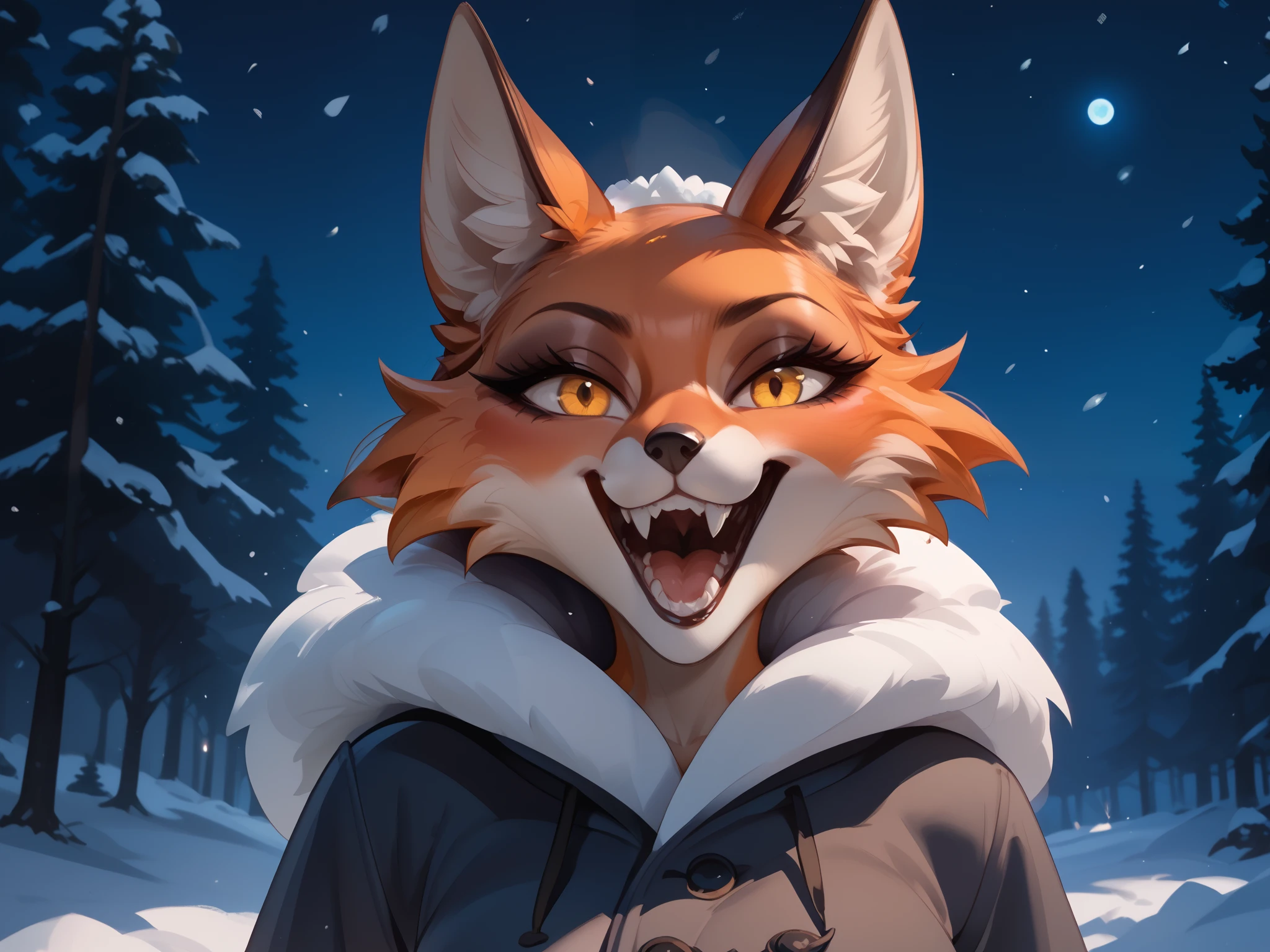Night, winter, forest plain, Anthropomorphic fox girl, orange fur, Yellow eyes, evil, open mouth, teeth, bites , looks at the viewer