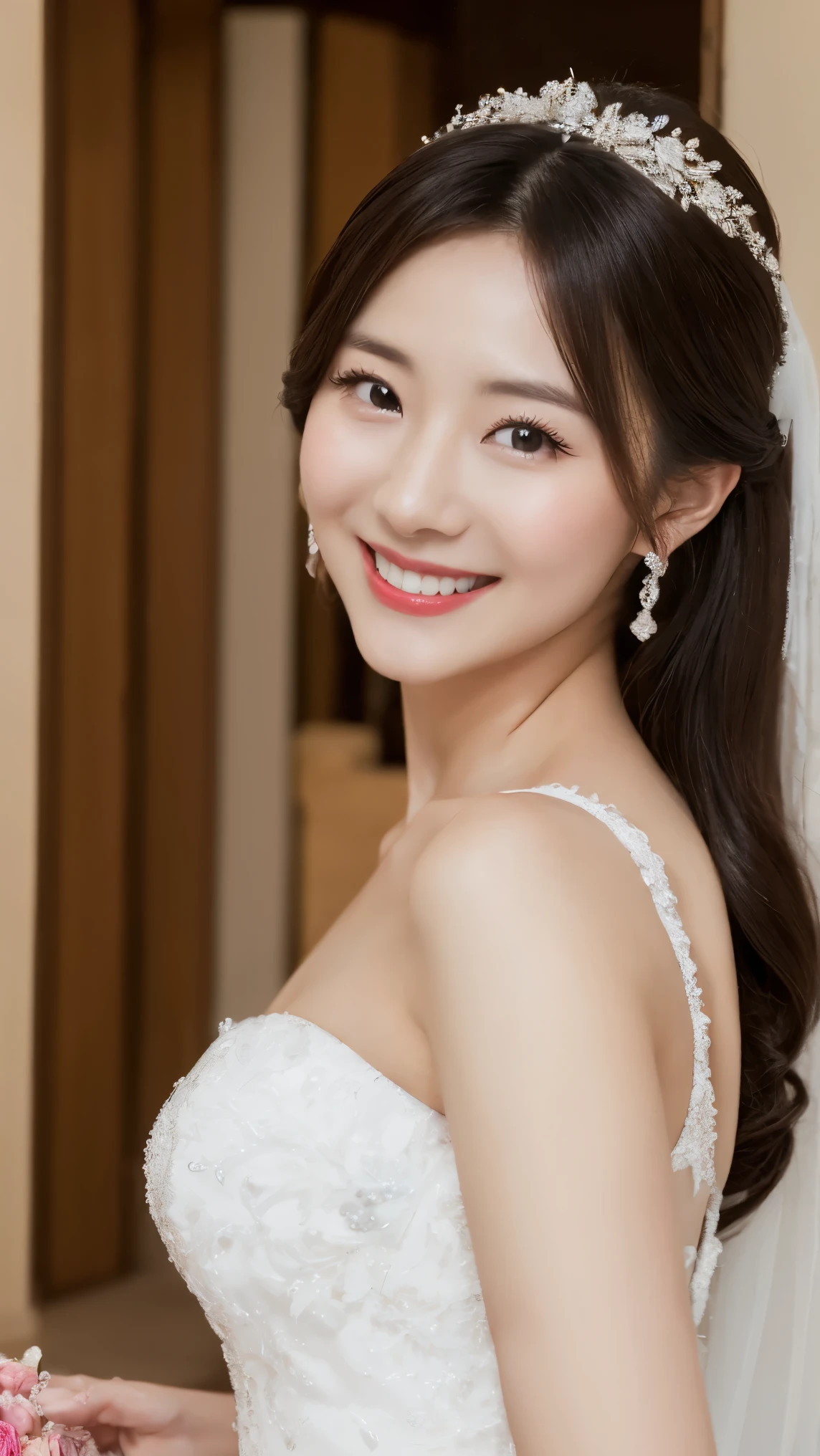 4K、Premium、desktop、 Japanese woman,30 years old、 Brown hair 、Beautiful Japanese girl with hair accessories 、((wedding dress))、Wedding hall、smiling at the camera