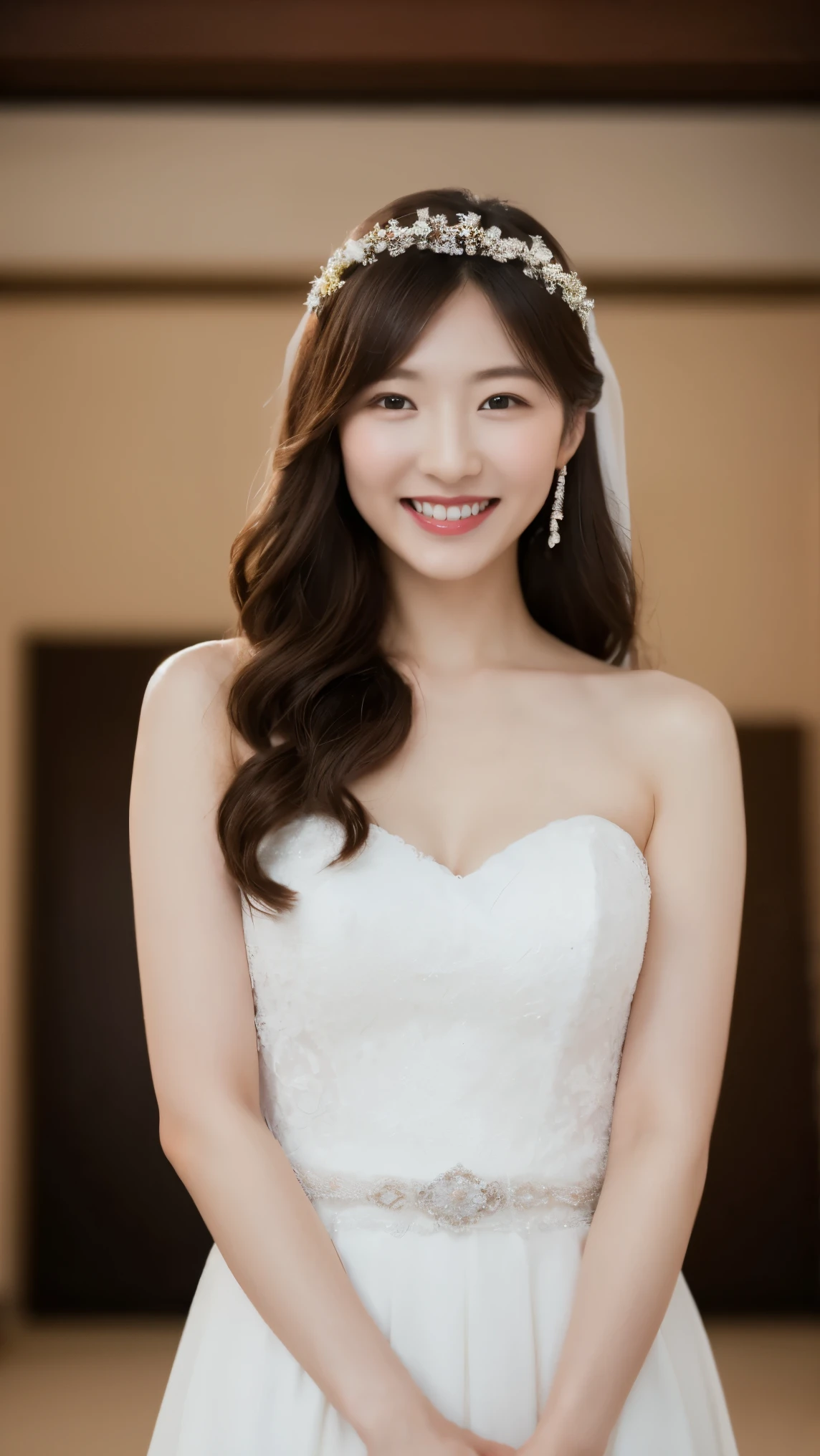 4K、Premium、desktop、 Japanese woman,30 years old、 Brown hair 、Beautiful Japanese girl with hair accessories 、((wedding dress))、Wedding hall、smiling at the camera
