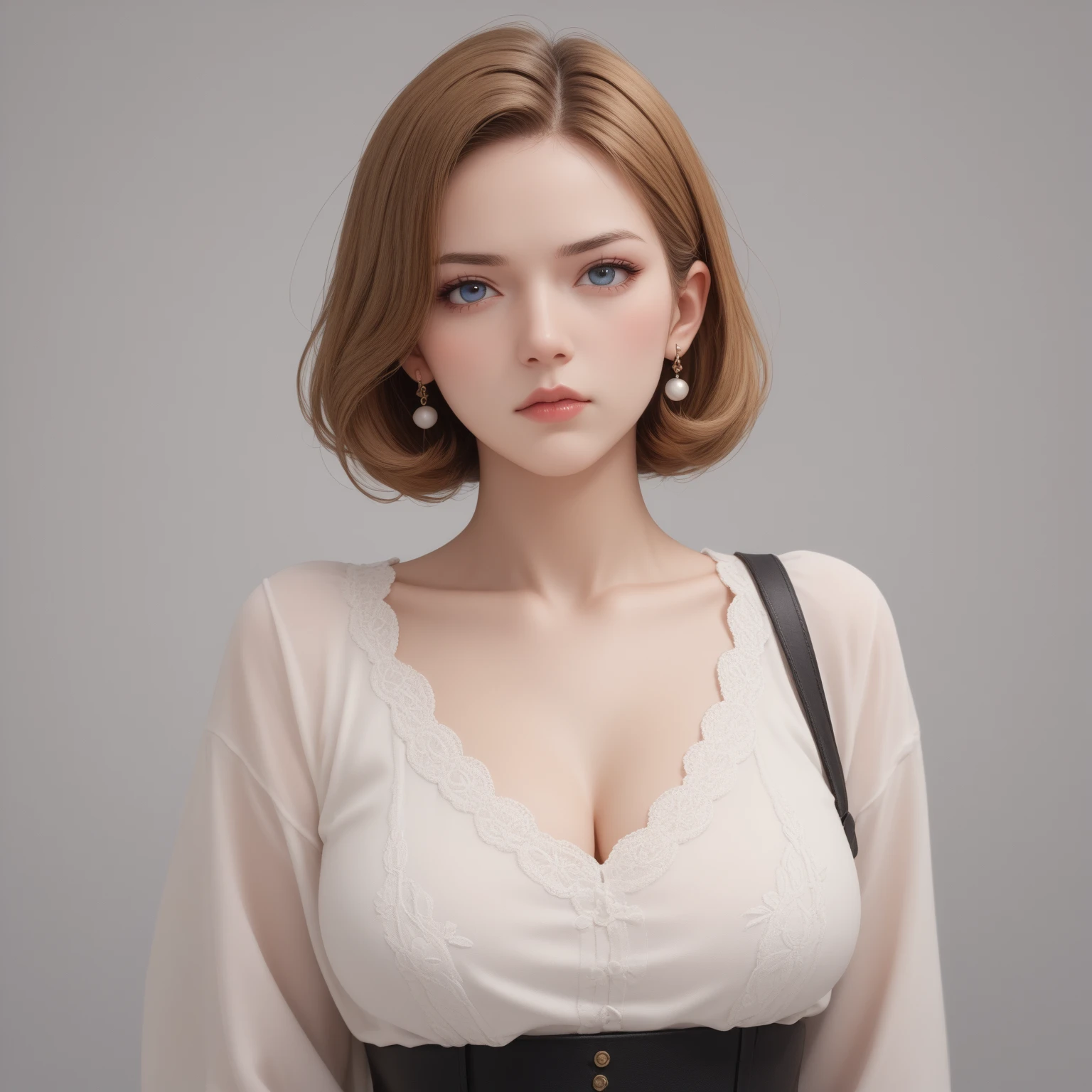1 beautiful woman, 20 years old, pale white skin (very detailed and delicate skin), bright blue eyes (vampire eyes) (very detailed and expressive eyes), red hair, short hair, perfect body, perfect abdomen, perfectly round butt, makeup, red lips, delicate earrings, delicate necklace, choker, hair band, look at viewer, ((black cardigan)), white leggings, sports top, in a room with a city view (masterpiece), (8K ), (cinematic lighting, (photorealistic), (minute details)