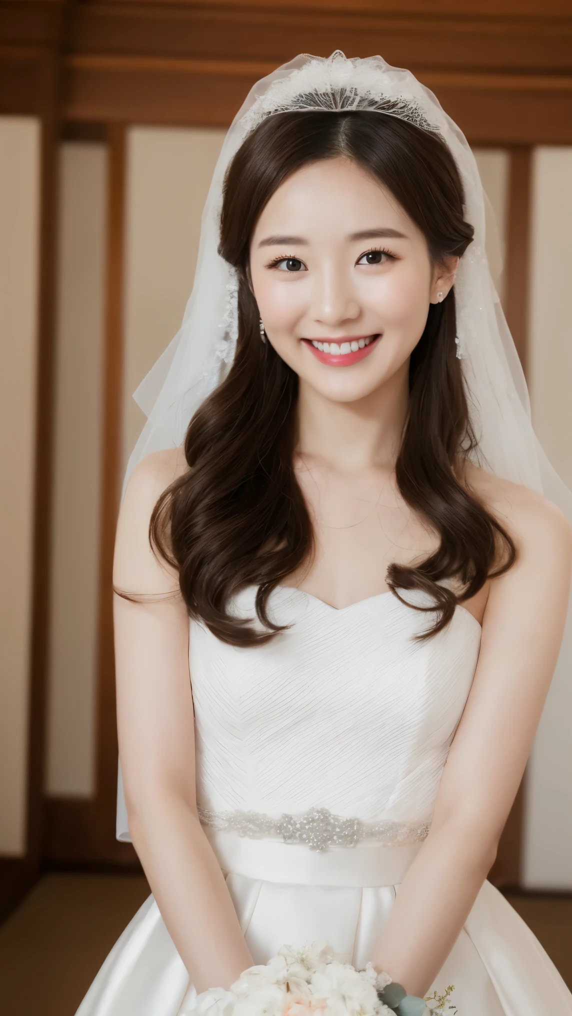 4K、Premium、desktop、 Japanese woman,30 years old、 Brown hair 、Beautiful Japanese girl with hair accessories 、((wedding dress))、Wedding hall、smiling at the camera