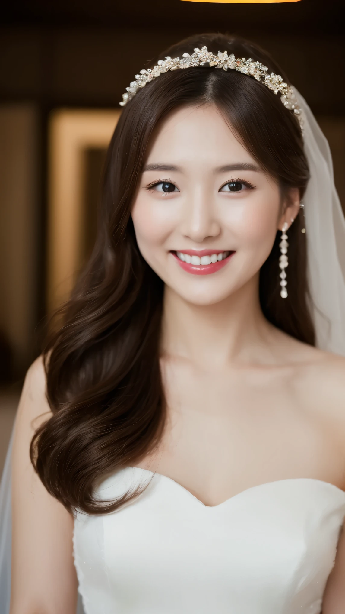 4K、Premium、desktop、 Japanese woman,30 years old、 Brown hair 、Beautiful Japanese girl with hair accessories 、((wedding dress))、Wedding hall、smiling at the camera