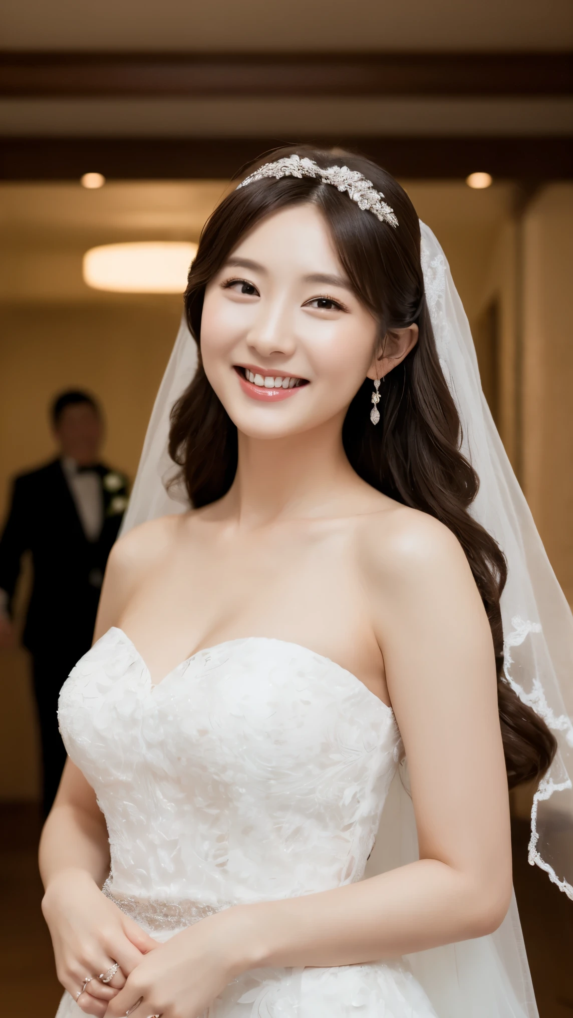 4K、Premium、desktop、 Japanese woman,30 years old、 Brown hair 、Beautiful Japanese girl with hair accessories 、((wedding dress))、Wedding hall、smiling at the camera