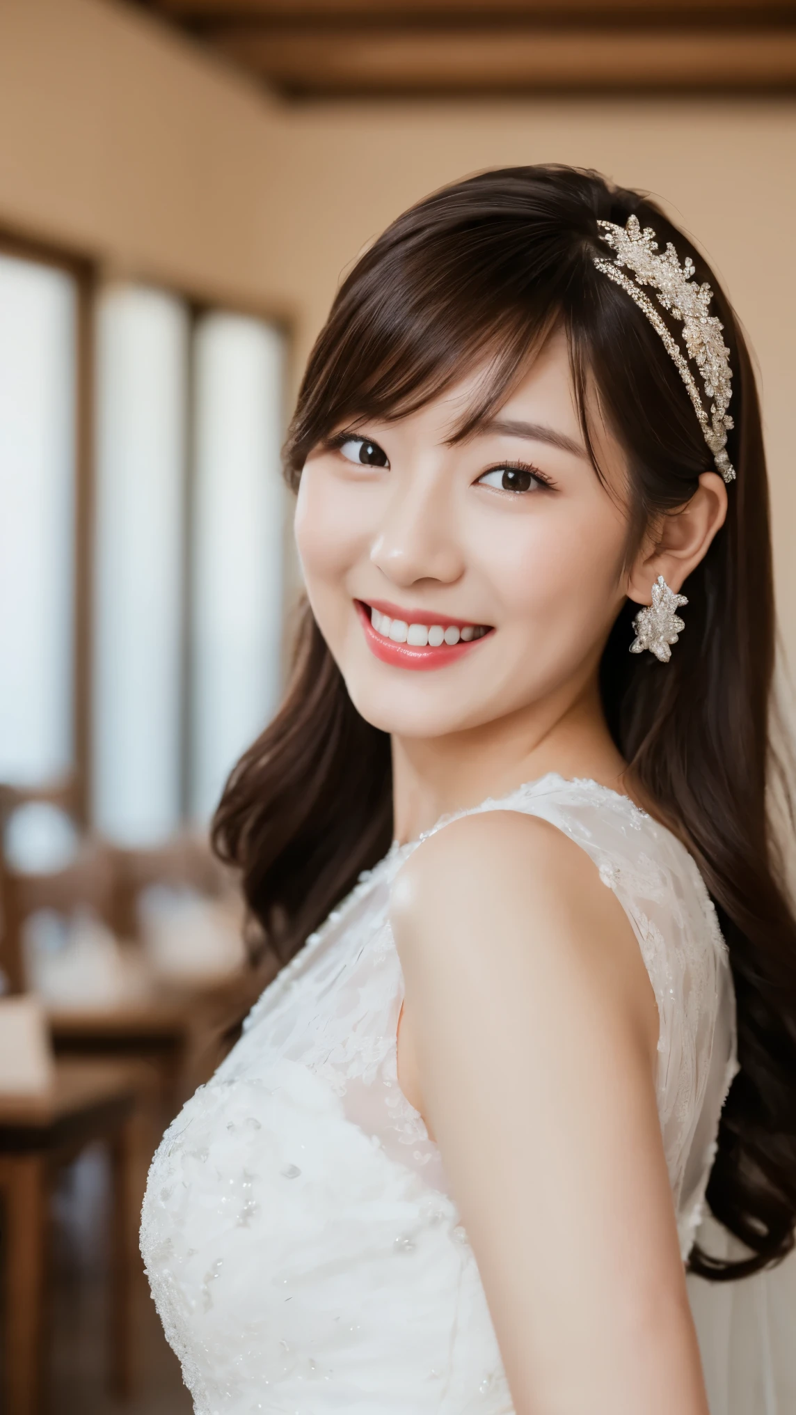 4K、Premium、desktop、 Japanese woman,30 years old、 Brown hair 、Beautiful Japanese girl with hair accessories 、((wedding dress))、Wedding hall、smiling at the camera