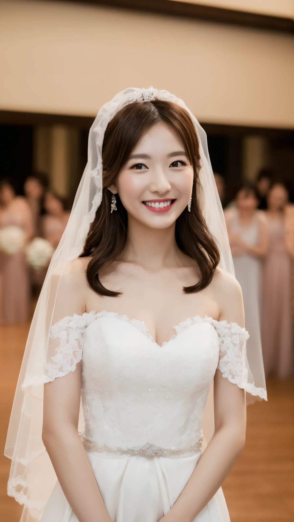 4K、Premium、desktop、 Japanese woman,30 years old、 Brown hair 、Beautiful Japanese girl with hair accessories 、((wedding dress))、Wedding hall、smiling at the camera