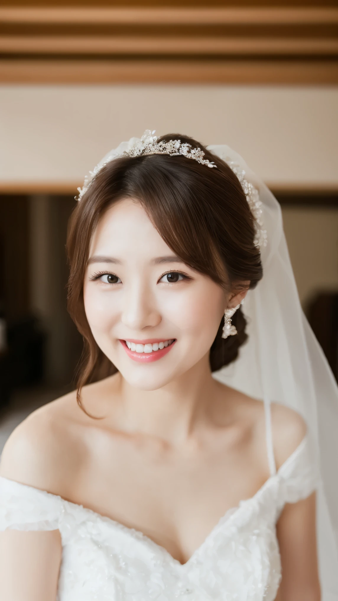 4K、Premium、desktop、 Japanese woman,30 years old、 Brown hair 、Beautiful Japanese girl with hair accessories 、((wedding dress))、Wedding hall、smiling at the camera