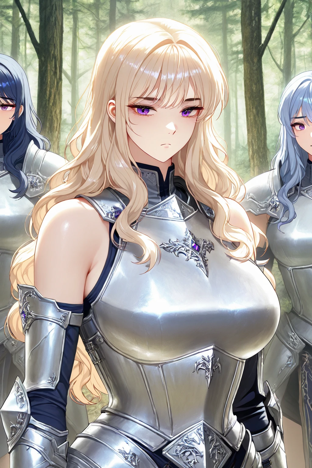 A group of female knight, (in cave), various hair styles, harem, wearing armored clothes, metal armor, details face, , short skirt, seducing, sword, tentacle breast grab
