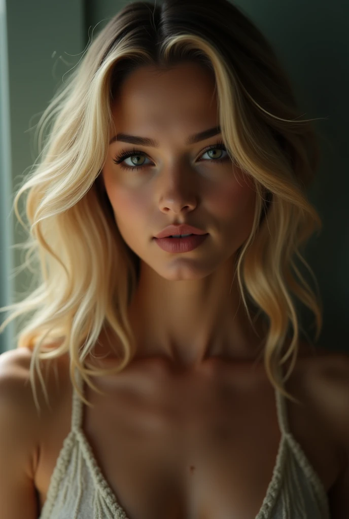 a pretty one with long blonde hair, detailedeyes, nase, and lips, wearing lingerie, (best qualityer,4K,8k,high resolution,work of art:1.2),ultra detali,(realisitic,photorealisitic,photo-realisitic:1.37),HDR,studio lighting,extremely detailed face and body, portraite,cinematic lighting,dramatic lighting,warm color tones,dramatic colors