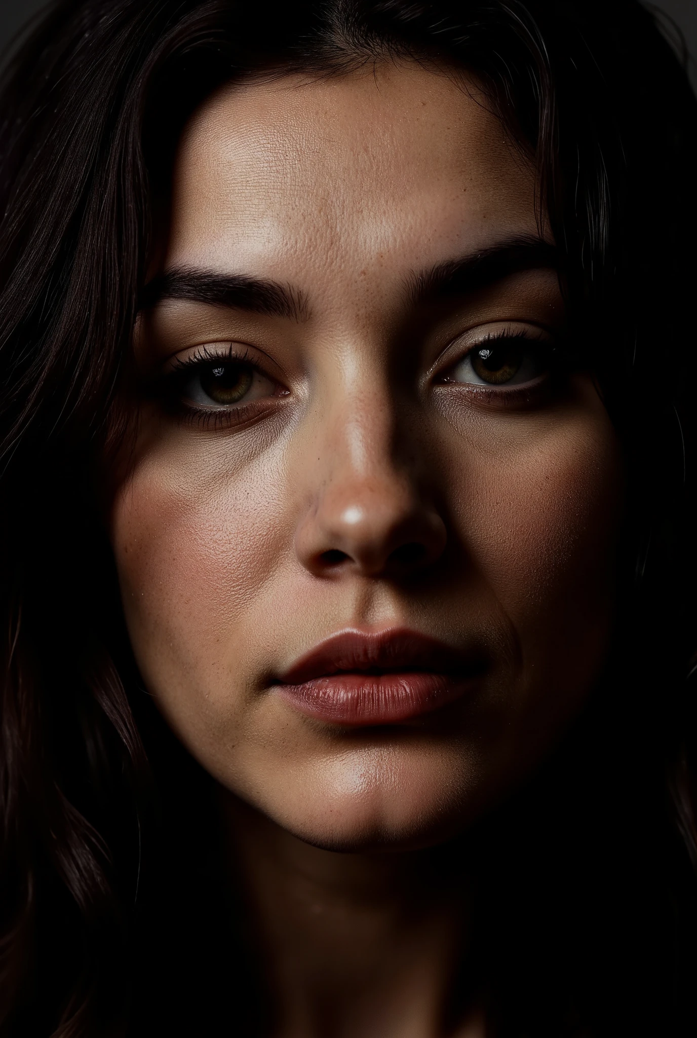 Da Vinci style, This is a high-resolution of a close-up of a mature woman's face. The image is starkly lit, creating dramatic shadows and highlights that emphasize the texture and contours of her skin. The woman has light skin and full lips, slightly parted, with a natural, glossy sheen. Her eyes are wide open, with long, thick, dark eyelashes that accentuate her gaze. The left eye is more prominent, with a sharp, piercing look, while the right eye is partially obscured by her long, wet hair, which cascades down to her shoulders. The hair appears wet and glistens in the light, suggesting a recent shower or exposure to water. The texture of the hair and skin is detailed, with fine lines and creases visible. The background is dark, making the subject stand out sharply against the stark contrast. The photograph captures a moment of intense emotion or focus, with the lighting and shadows creating a moody, almost ethereal atmosphere. The overall style of the photograph is highly cinematic and artistic, focusing on the interplay of light and shadow to create a dramatic and intimate portrait. . Realistic, sfumato, detailed, chiaroscuro, "abstract