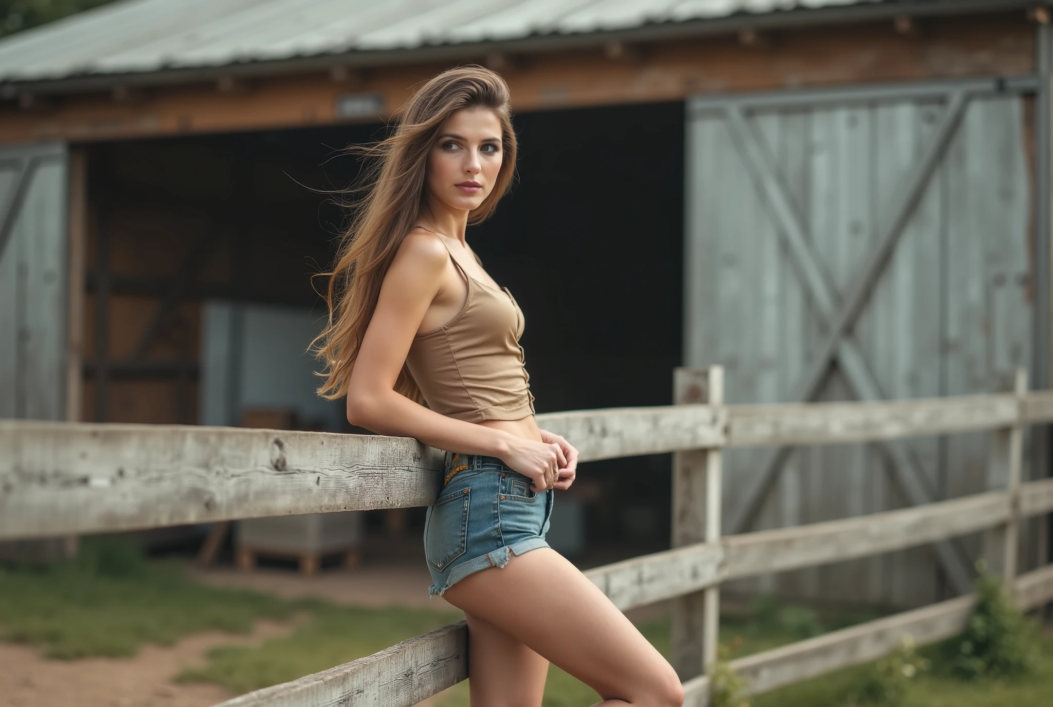 High quality, high definition detailed photo of young nice european slender woman leaning on a fence in a tan top and denim shorts, on a farm, in the countryside, cowgirl, gorgeous young model, sexy girl, standing astride a gate, wearing farm clothes, sexy girl wearing shorts, casual pose, beautiful model girl, cute young woman, wearing a camisole and boots, brown hair and a perfect body