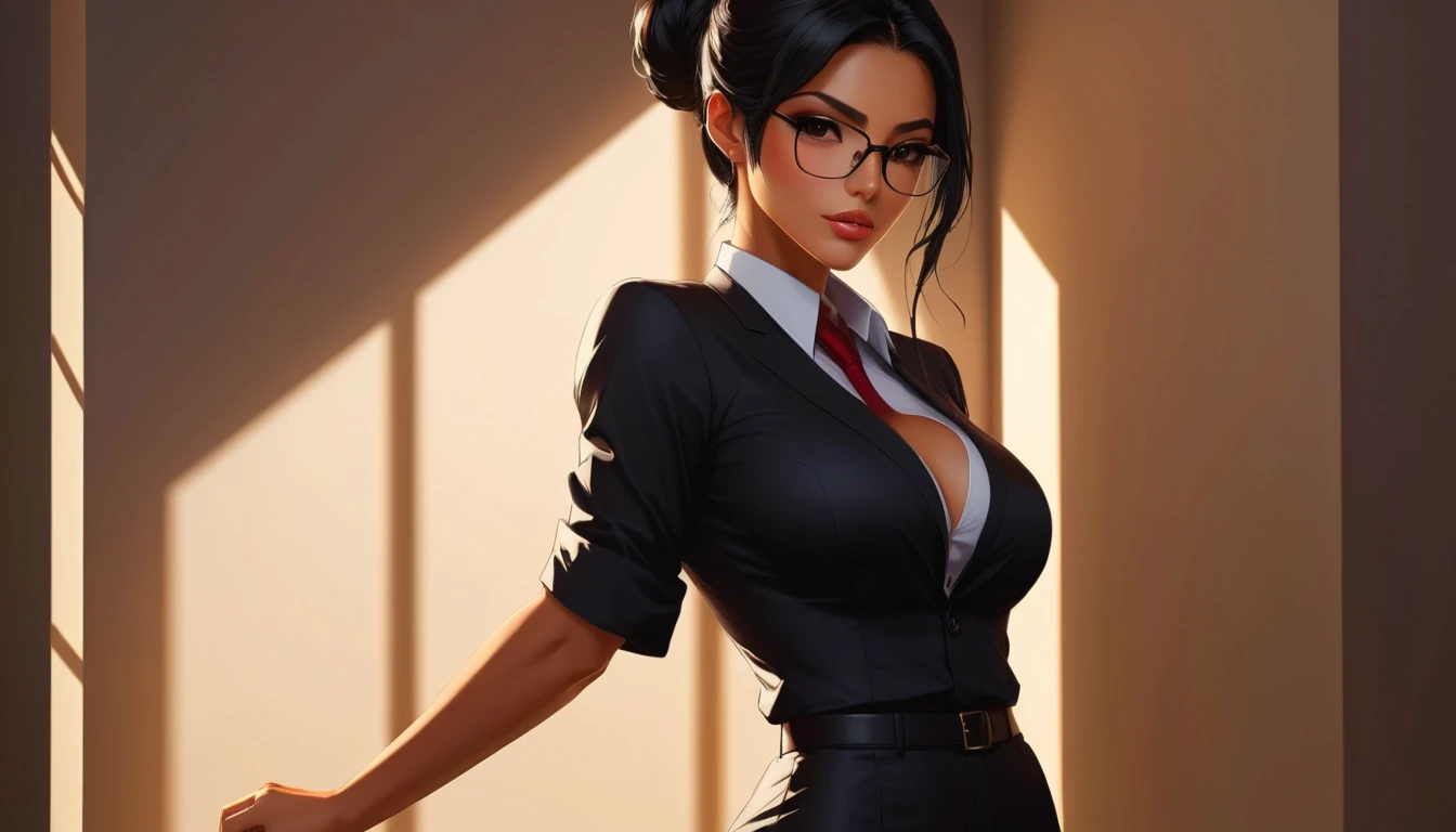 Best Quality, Masterpiece, Portrait, Perfect Anatomy, Femininity, Cool, Flawless, Solo, Sexy, Stylish, Mature, Long Light Black Hair, Mole Above Lip, Red Lipstick, Big Breasts, the Girl is dressed as a sexy therapist, with glasses, cleavage and the backdrop is a therapists office with paddles and whips hanging on the wall