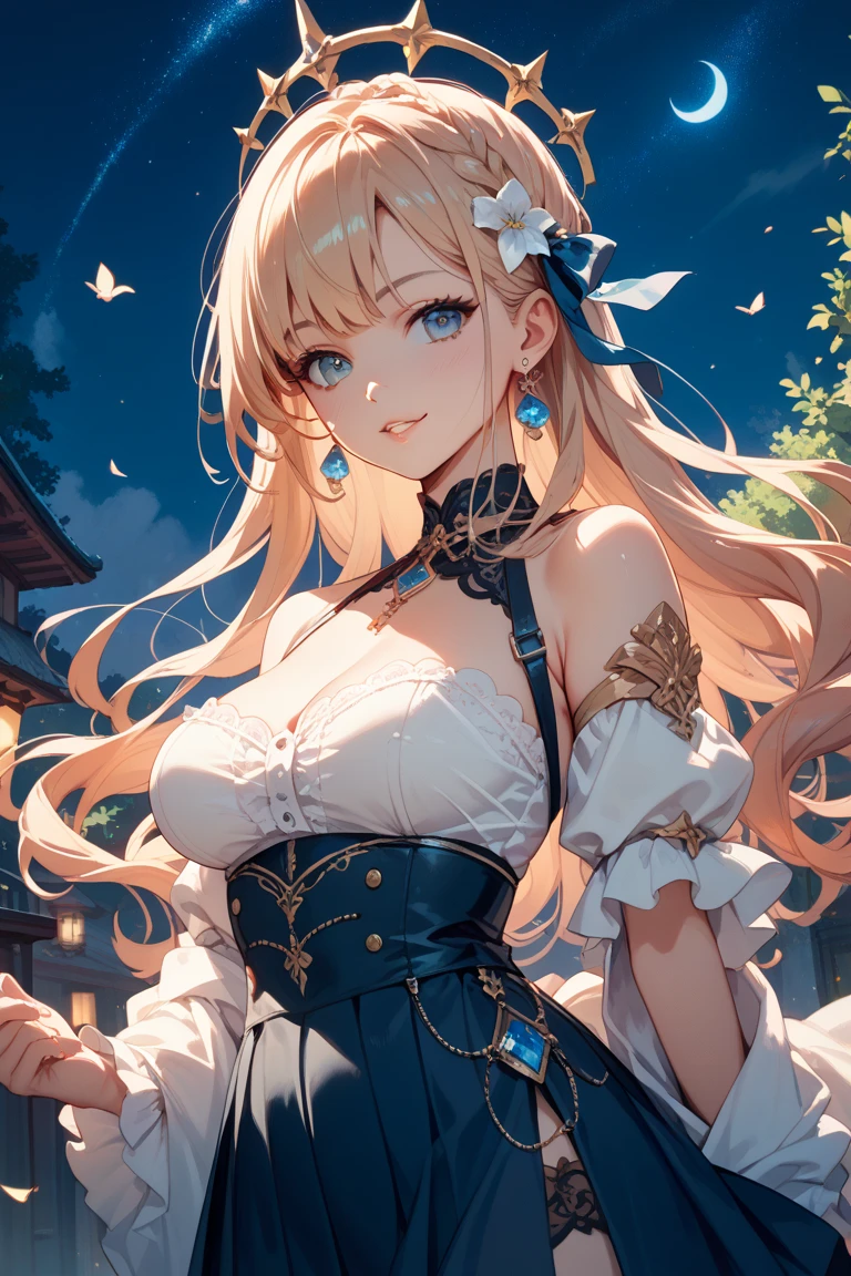 (((masterpiece, best quality))), (((superior quality))), cute girl, ((extremely detailed girl)), ((huge breasts)), (fancy noble dress), strapless top, twin-tail blonde, cleavage