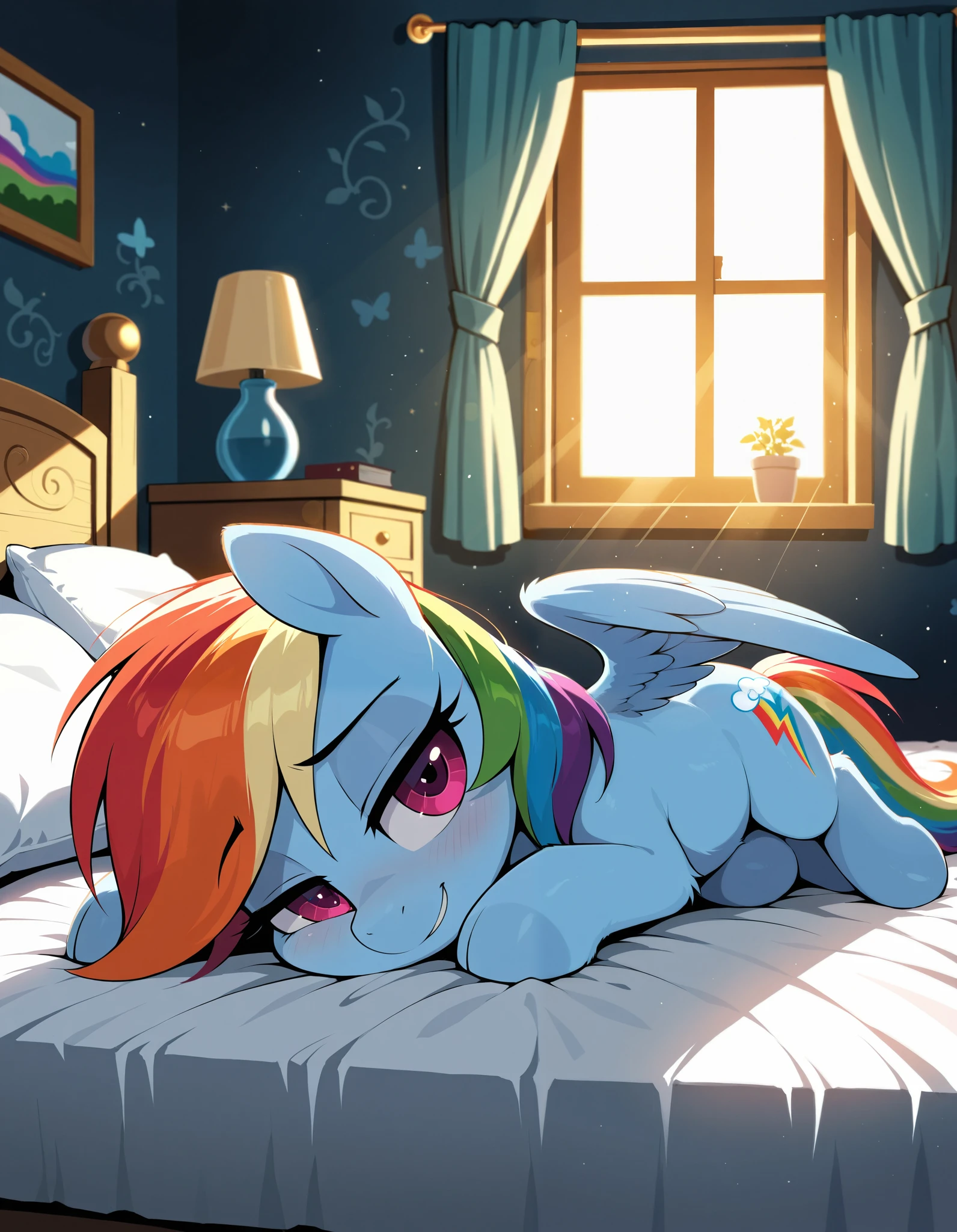 dark room, feral rainbow dash \(mlp\), lying, masterpiece, best quality, detailed background, ambient silhouette, depth of field, backlighting