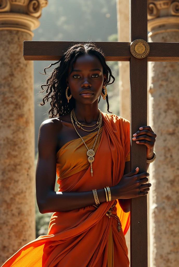 (medium full shot) of (striking young woman from the ancient roman era), black american, dark skin, light brown eyes, Average build, medium hazel  hair, wearing a black stola with shoulder straps , high-laced sandals, gemstone necklace, gold armband,  set in ancient rome,  an awe-inspiring Temple of Saturn, echoing with the piety of ancient Rome, featuring grand architecture, sacred spaces, and statues honoring the god, at night, woman smiling, ,Masterpiece,best quality, photo, realistic, very aesthetic, detailed face,