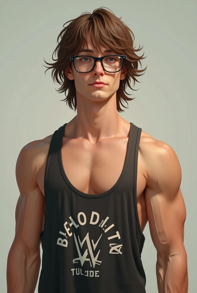 White skin, high to the ceiling, body-builder, nerd with glasses, playa tropical, dressed in tight sweatpants and a tight tank top, show abs, cute young face, View from the side. Height difference. high detail faces. loving feeling in grey underwear
