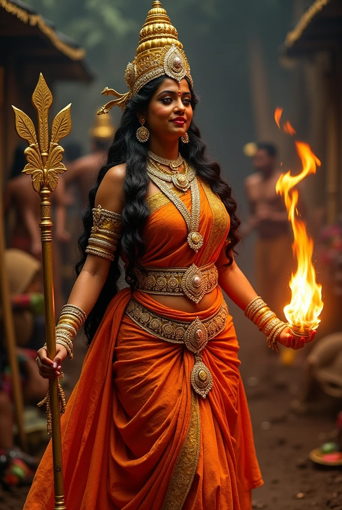 An ancient Indian goddess, holding a trishul, standing on the ground, lion standing near by, little clothes, and the background is full of a sea of fire that fills the sky, lion standing background