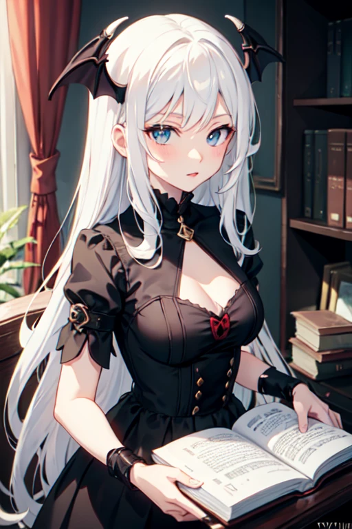 woman, female librarian, beautiful, tall (1.80cm), sexy body, seductive body, adult body, body proportionate in size, appearance around 20 years old, adult, Erina Nakiri, librarian, long hair with curled ends, silver hair (silver), straight hair back, wearing earring, silver earring, sapphire blue eyes, small nose, well-proportioned nose, aligned nose, slightly pointed ears, ears with small tips, beautiful ears, well-aligned ears, ears well-proportioned to the face , professional face, perfect face, delicate face, extremely feminine face, teeth with small fangs in the upper part of the mouth, passionate smile, light smile, adult woman in short ceremonial dress, medieval style, white skirt, stockings and high heels, ( ( above average breasts)), perky breasts, promotional breasts on the body, erect waist, above average ass, black lace fishnet stockings, posing frontally, sitting in an office chair, in a library environment, inside an old library, a futuristic library, with an open window showing the sun, posing frontally, looking at the viewer.